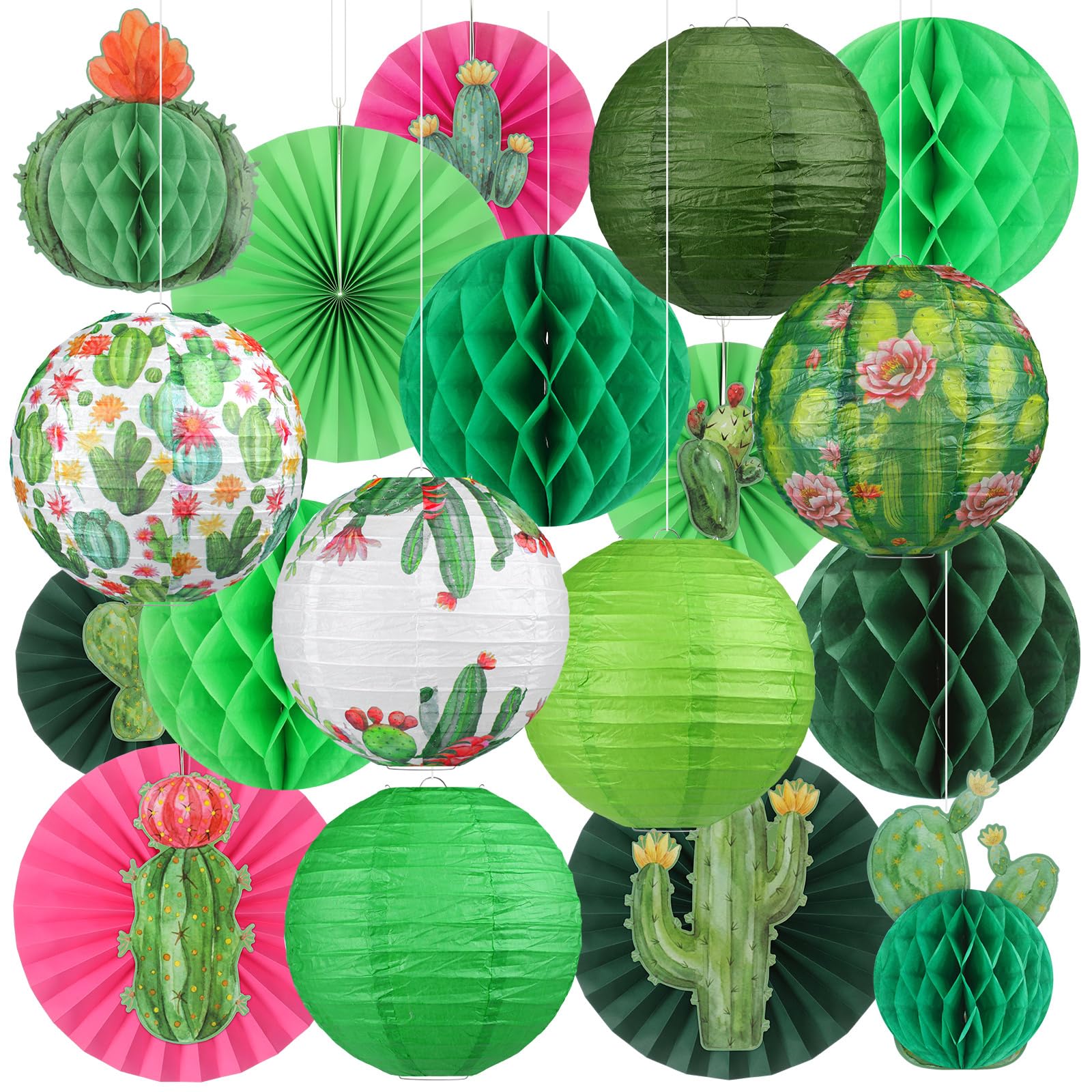 Retisee 18 Pcs Summer Cactus Party Decorations Hanging Paper Lanterns Plant Honeycomb Fans Honeycomb Ball for Summer Hawaiian Lu
