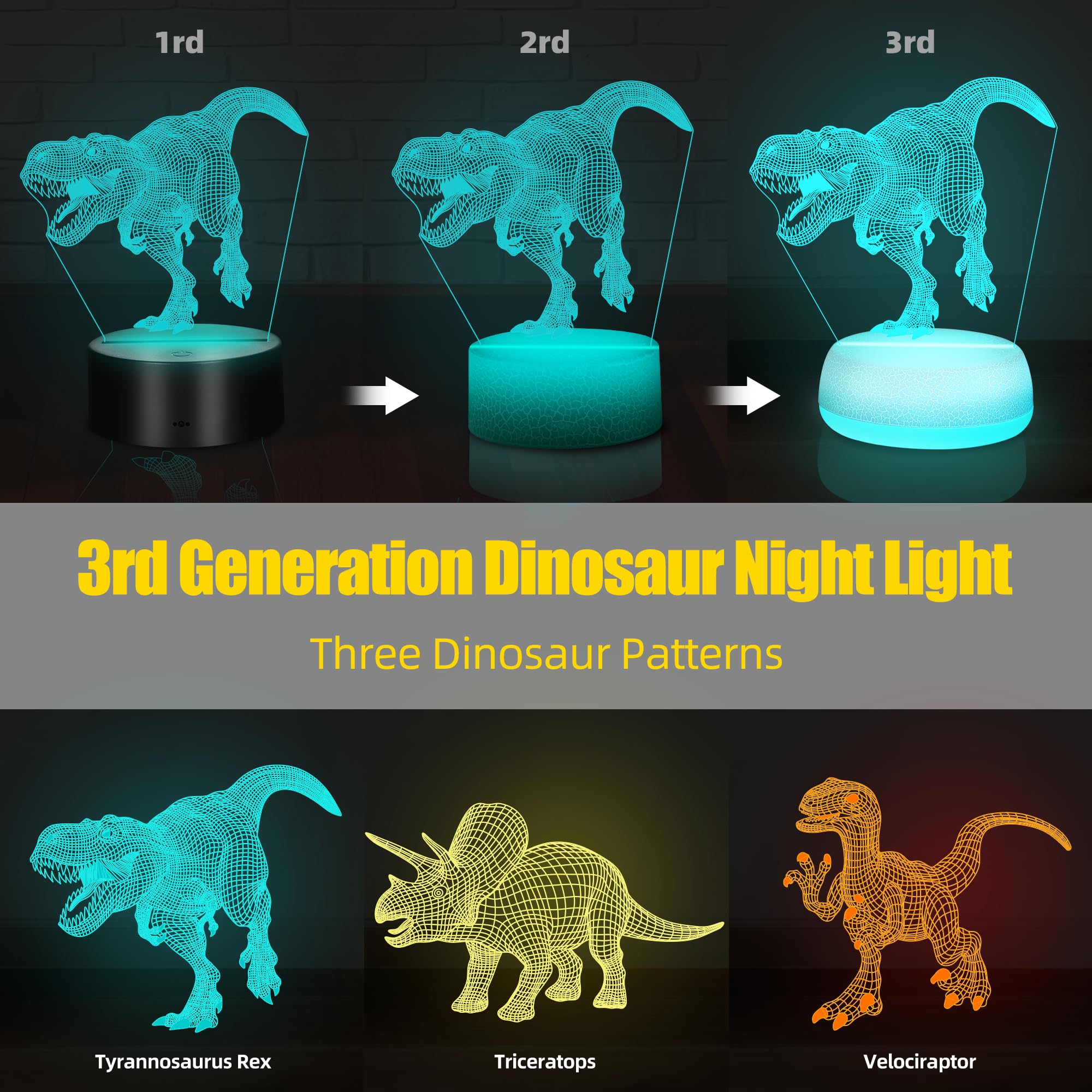 JURHHOEN Dinosaur Night Light, Night Light for Kids - Third-Generation 3D Acrylic Night Light, 16 Color Changing Lamp with 3 Din
