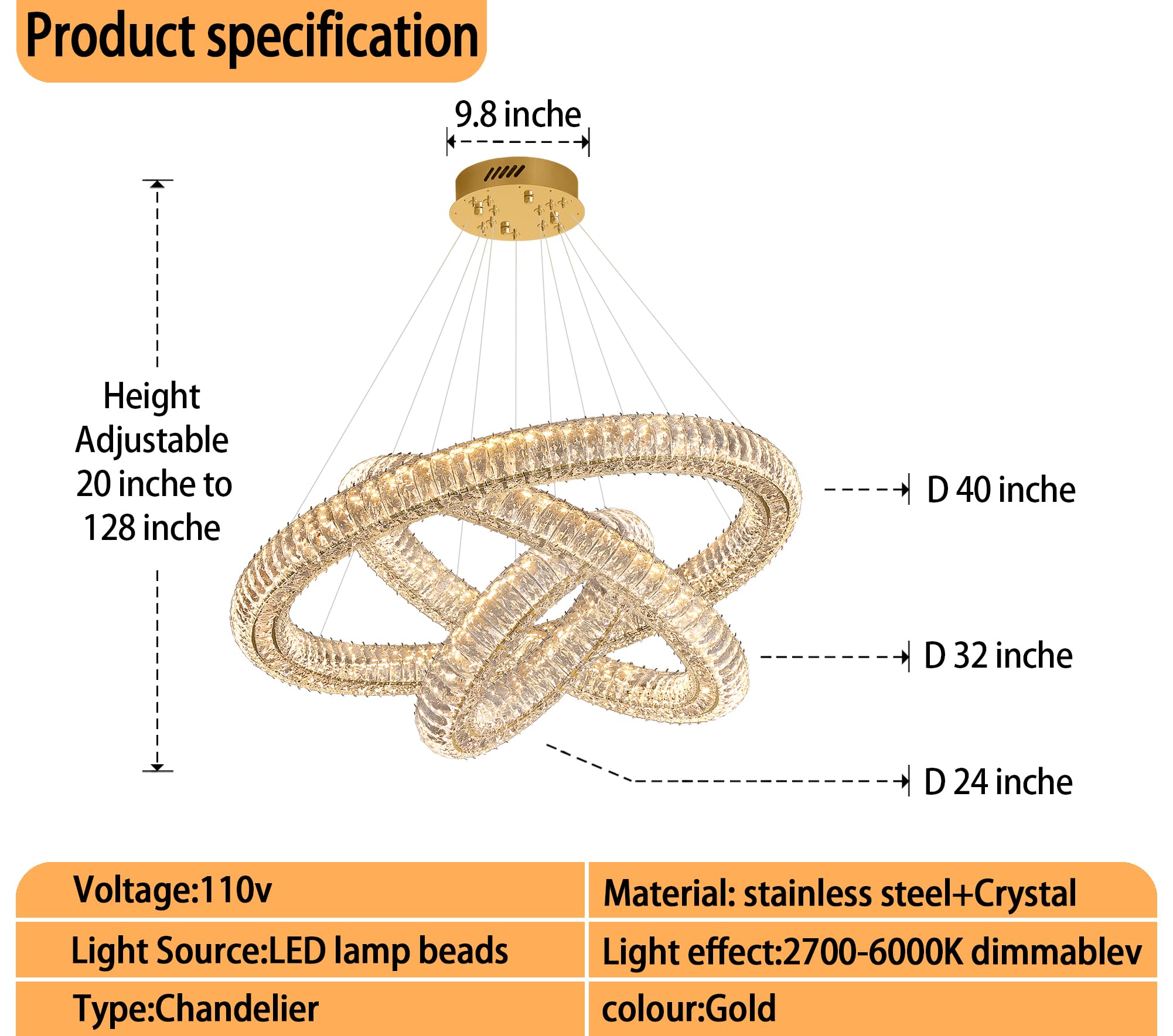 IDEQUY Gold Crystal Chandeliers - 3 Rings, Dimmable LED, 128'' Long for High Ceilings, Model CF8022-6810J