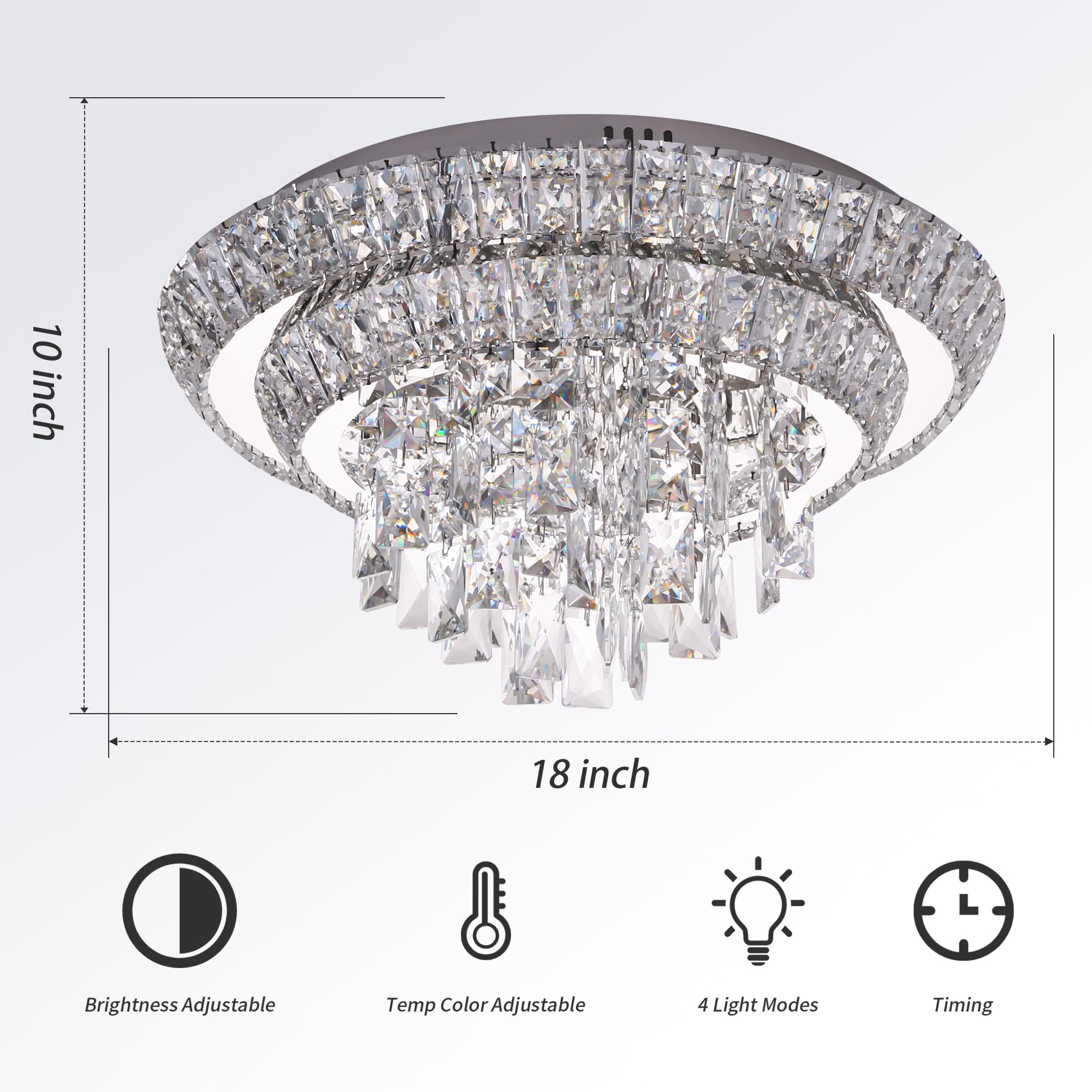 Redstar 18'' Crystal Ceiling-Light Flush Mount With Remote Control, Colors Temp & Brightness Adjustable, Modern Crystal Raindrop