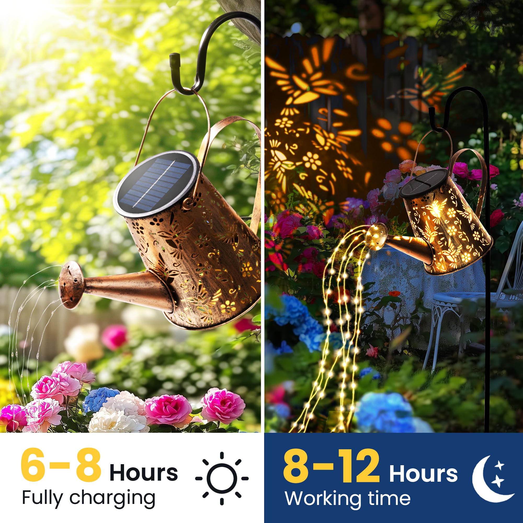 PATIOPIA Solar Lights Outdoor Garden Lanterns, Large Watering Can Decor, Gold, Metal, 2 Pack, Model 9204