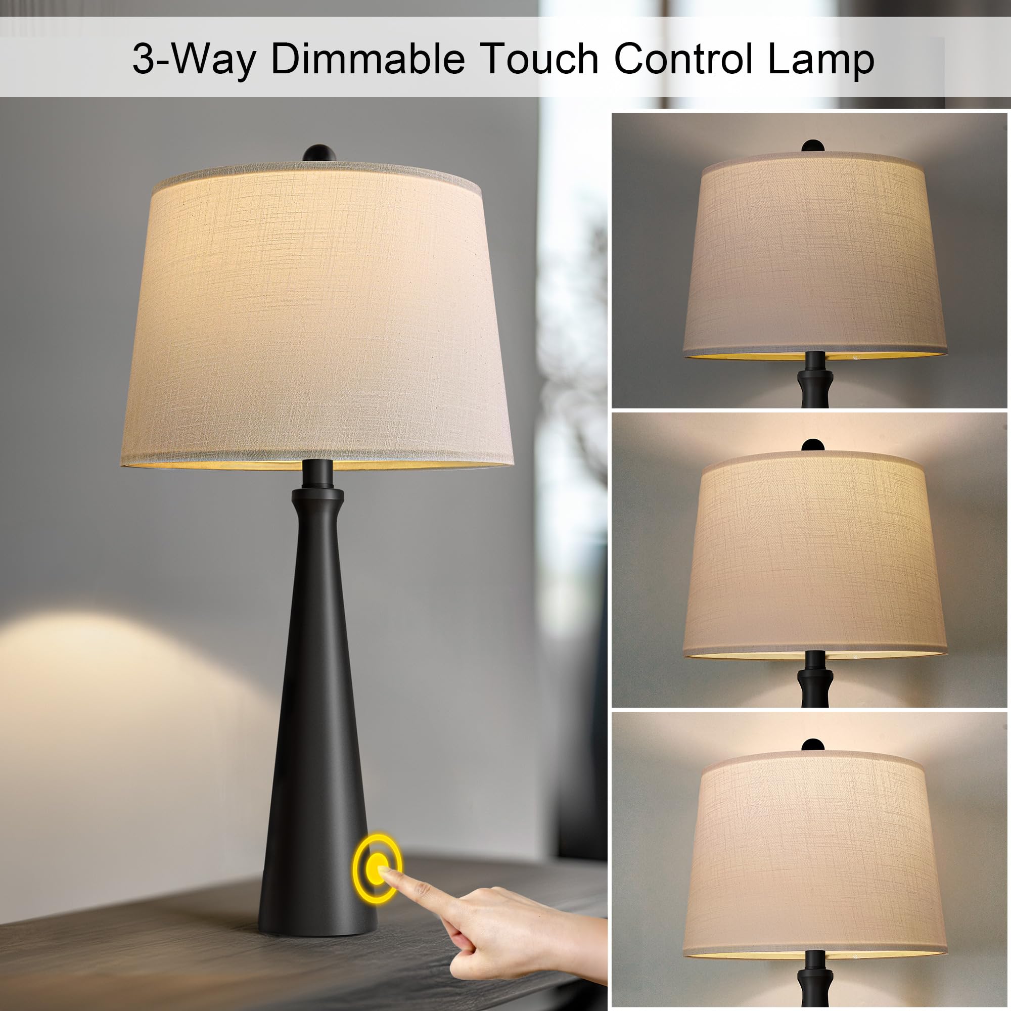 Oneach 25.75'' Table Lamps For Living Room, Bedside Lamp 3-Way Dimmable Touch Control, Modern Black Nightstand Lamp With Fabric