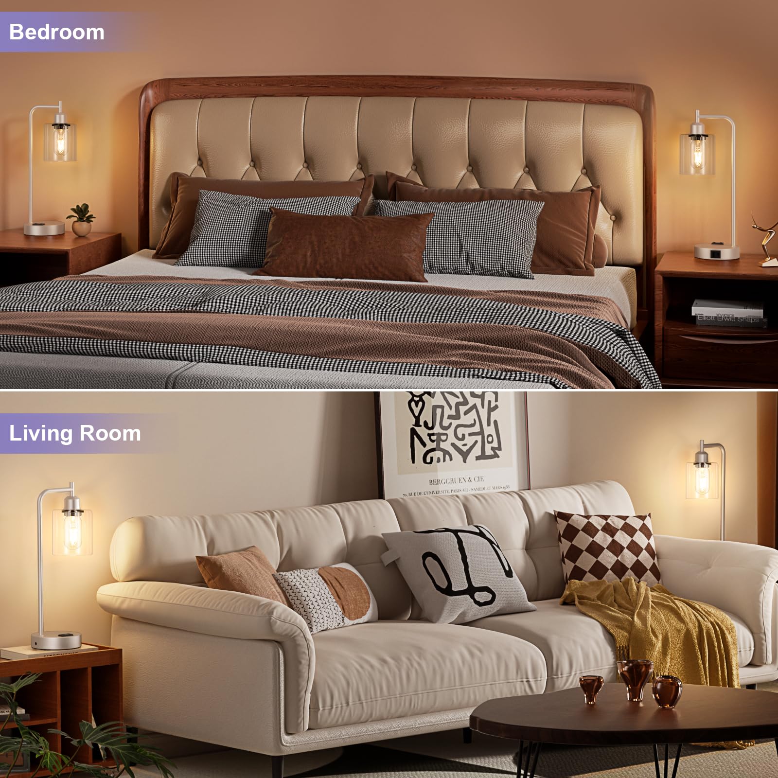 Industrial Touch Table Lamps For Bedrooms Set Of 2 - 3-Way Dimmable Lamps With Usb C+A Ports And Outlet, Champagne Gold Bedside