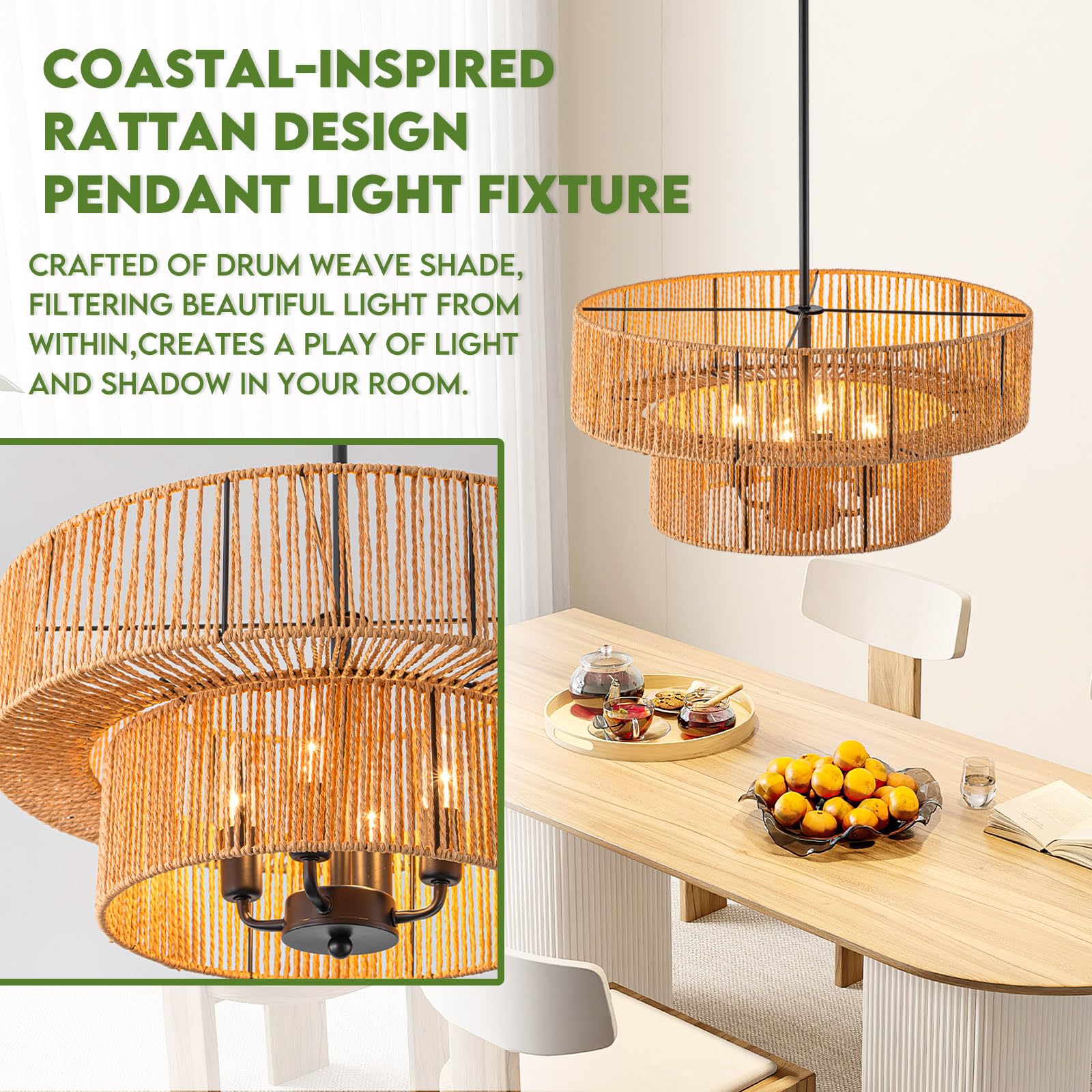 Dsliting Rattan Pendant Light Boho Wicker Chandelier Kitchen Island Lighting 2-Tier Drum Basket Hanging Light Woven Shade Dinnin