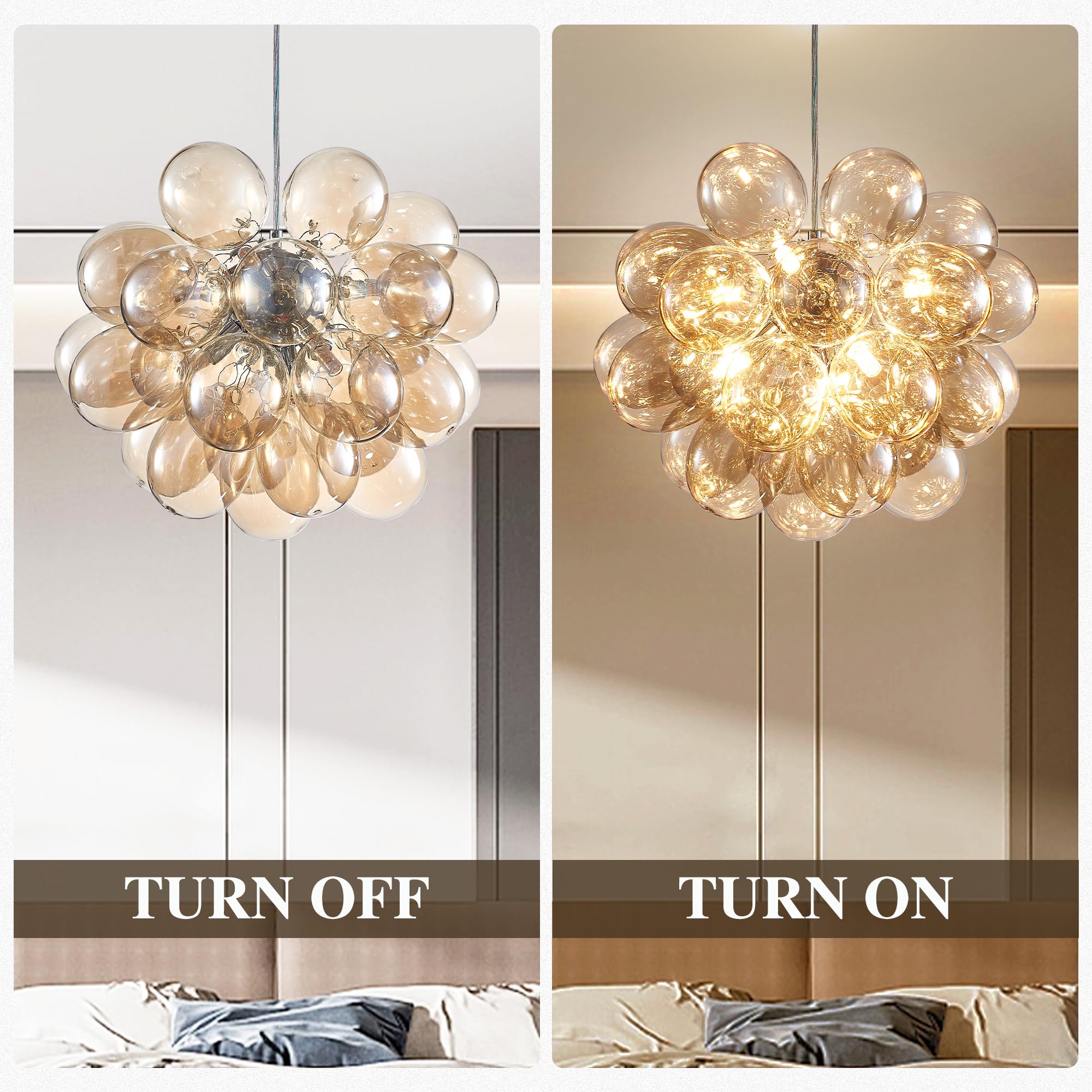 Longree Champagne Bubble Ball Chandelier, Dia 20 Inch Blown Glass Small Ballon Glass Pendant Light Fixture For Bedroom Study Bat