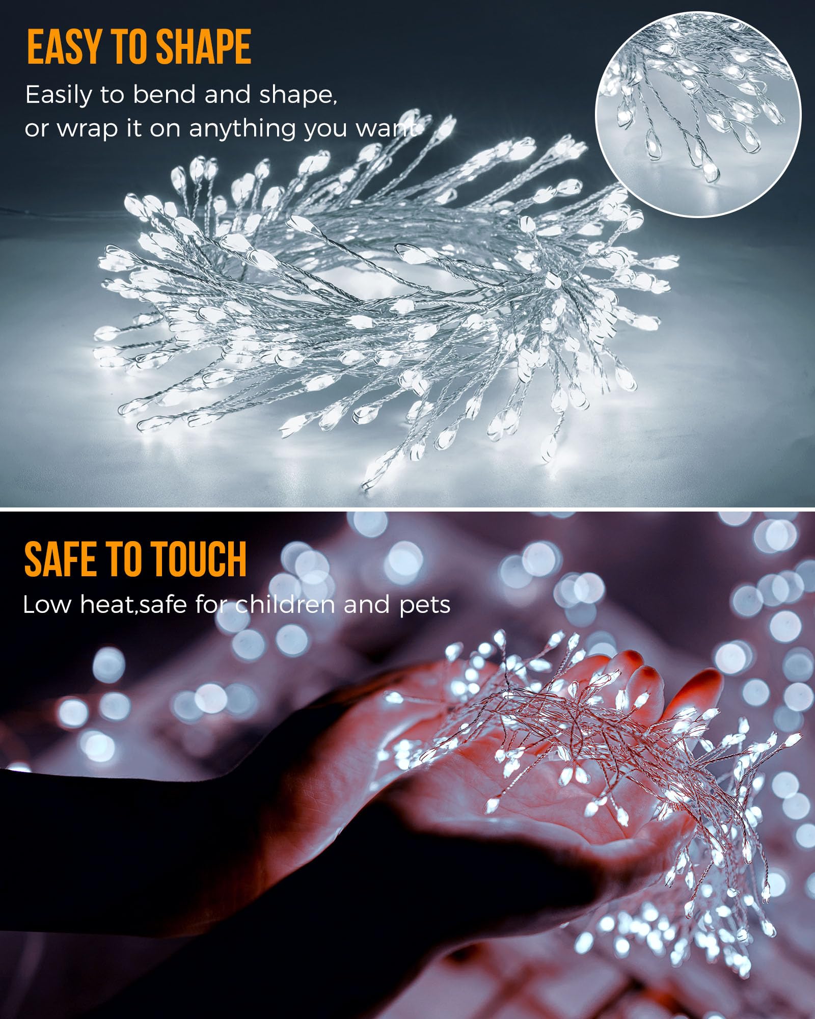 10Feet Battery Operated Fairy Lights, 120Leds Firecracker String Lights Waterproof Silver Wire Starry Firefly Lights For Diy Wreath Home Weeding Indoor Outdoor Christmas Decorations, Pure White