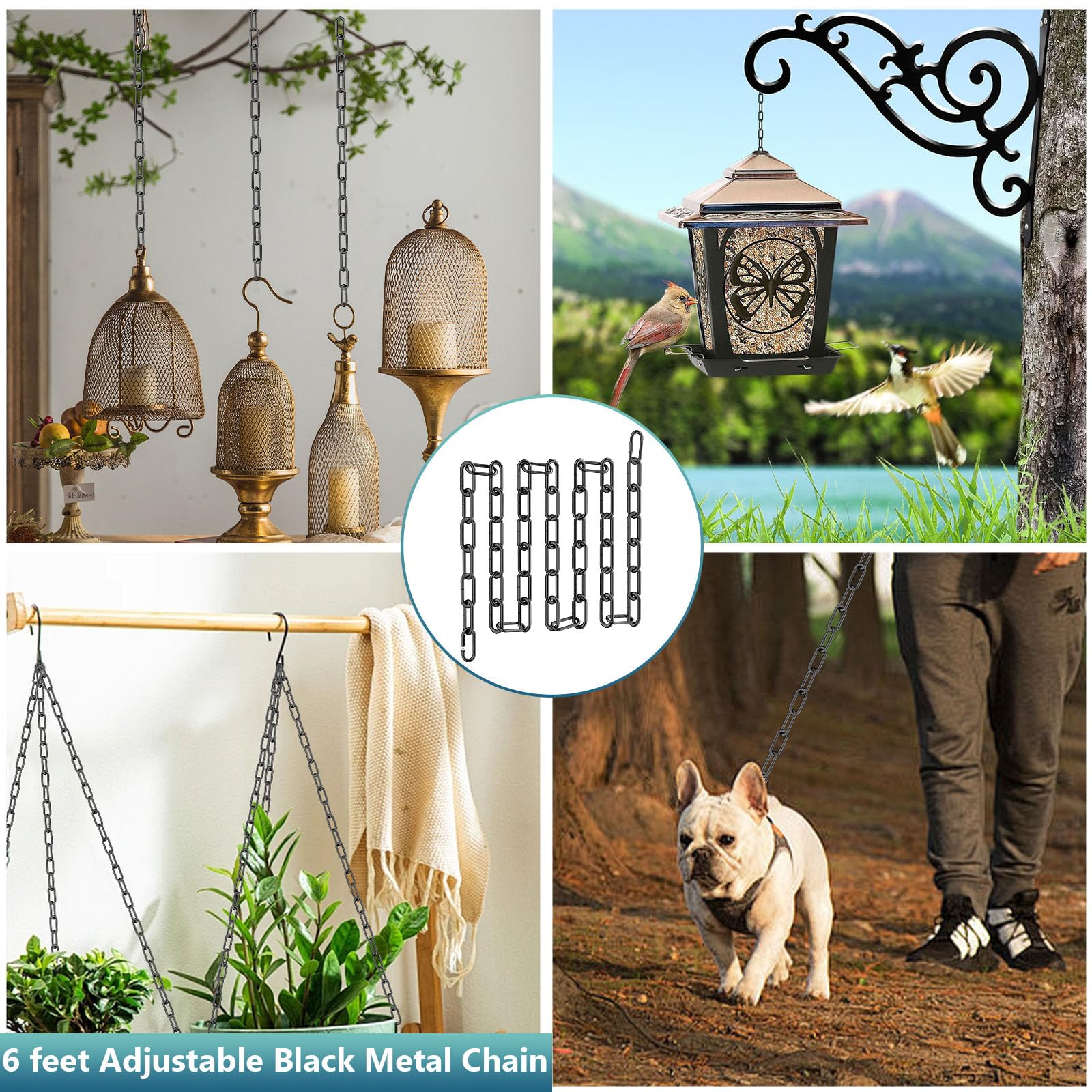 6 Feet Industrial Black Light Fixture Chain, Adjustable Metal Pendant Chandelier Chain Extension With Detachable Link, Maximum L