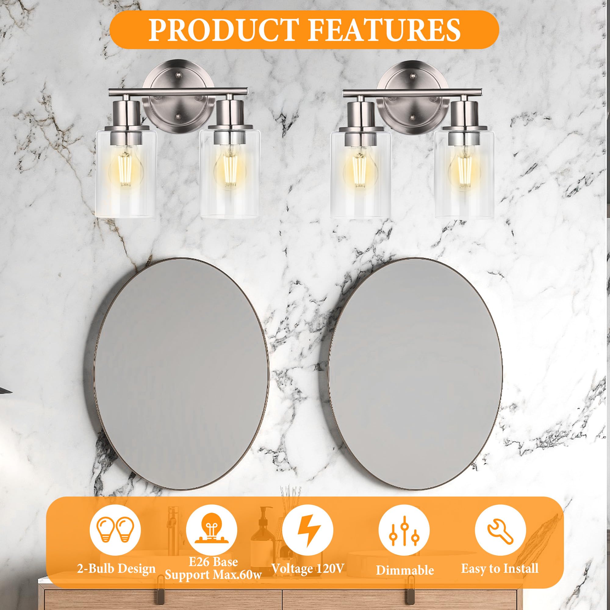 Faymart 2-Light Bathroom Wall Sconce - Brushed Nickel, Glass & Metal, Model 748327905270