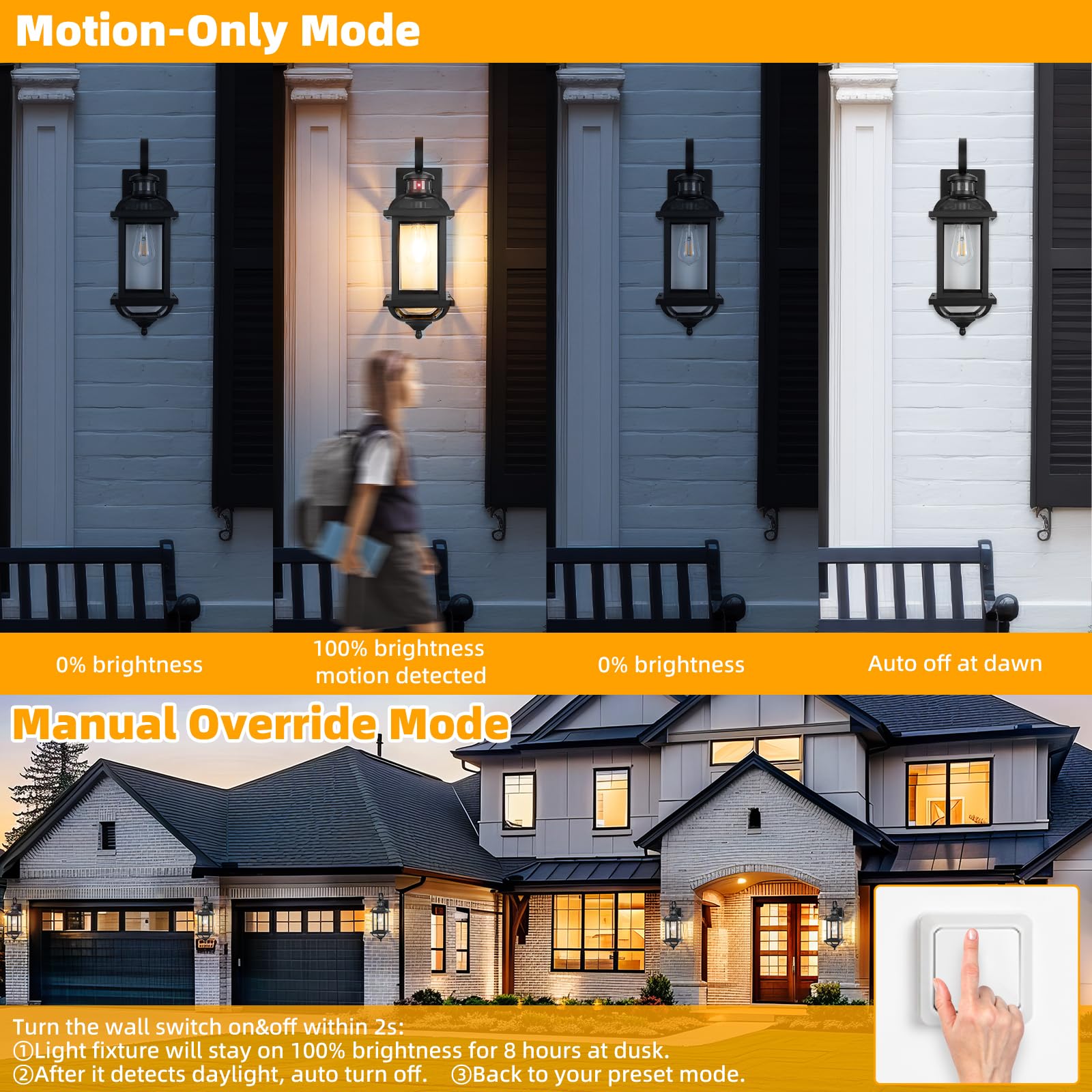Roravilila Motion Sensor Porch Lights, 19&quot; Anti-Rust Aluminum Outdoor Wall Light, 2 Pack