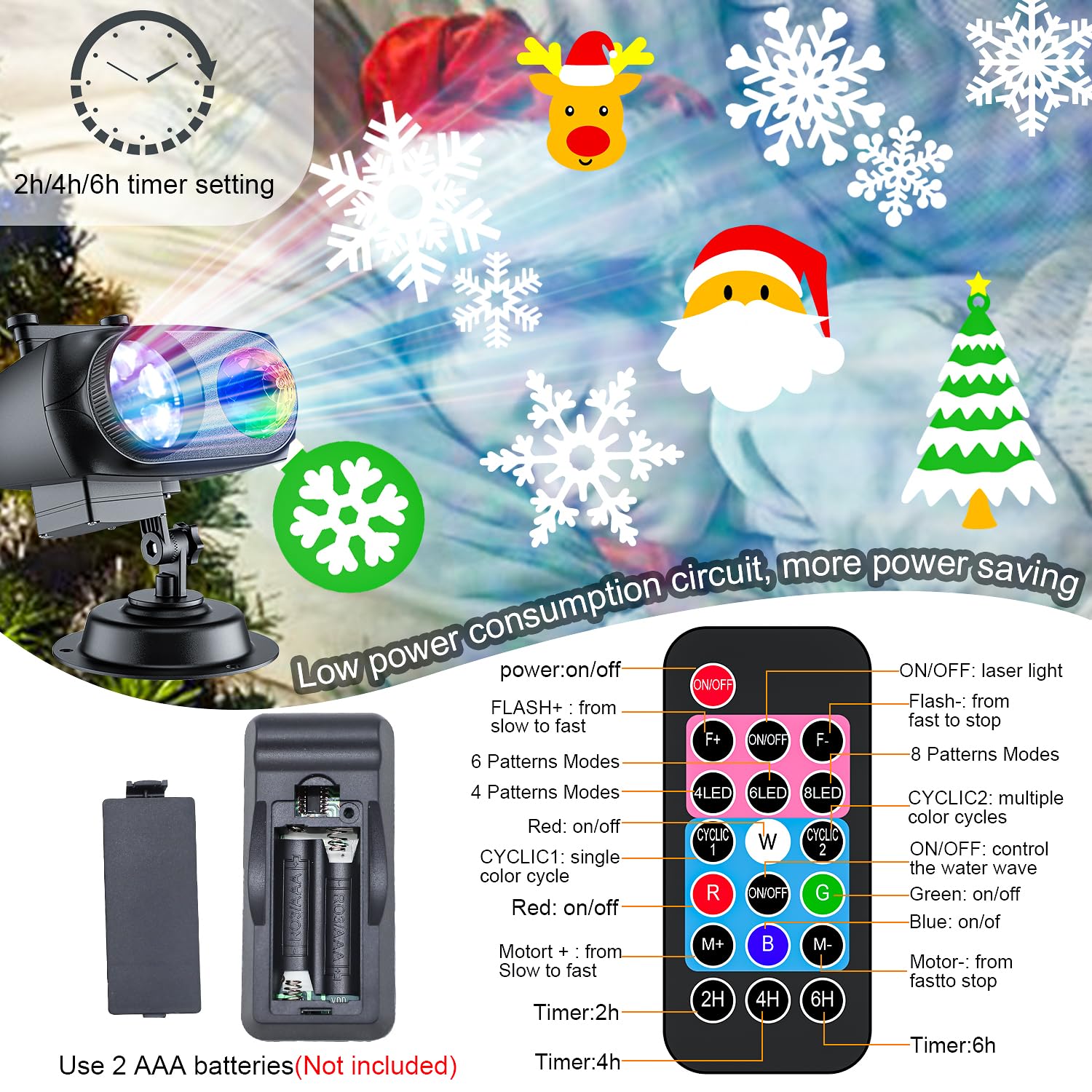Shedaled Christmas Projector Lights Outdoor 2024 Upgraded, 4/6/8 Theme Patterns Adjustable Holiday Projector, 2 In 1 Led Snowfla