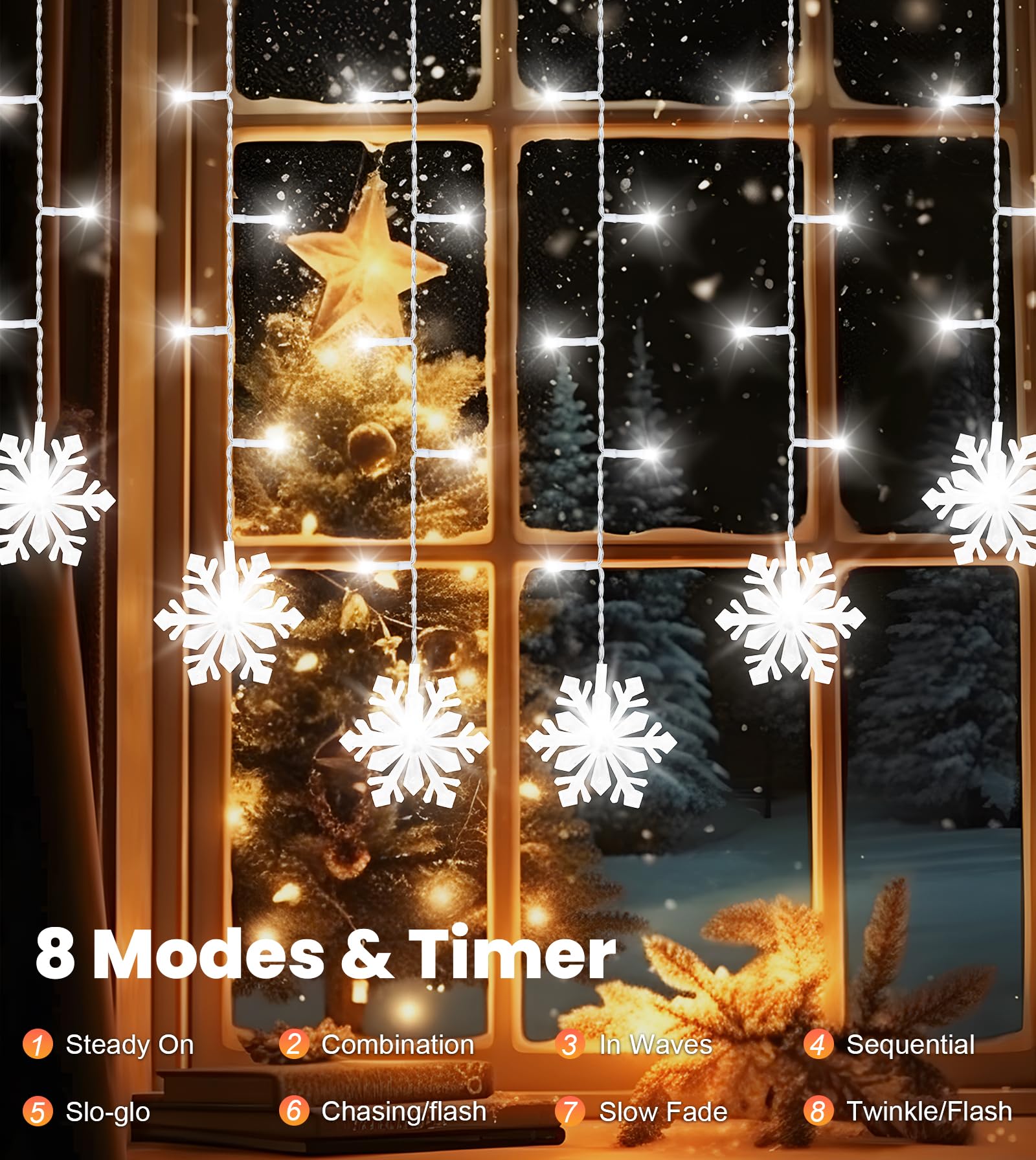 Christmas Window Lights With Snowflake, 3.5M 90Led Waterproof Curtain String Lights With Remote, Timer,8 Modes&4 Brightness, Curtain Lights For Indoor/Outdoor/Bedroom Decorations (Cool White)