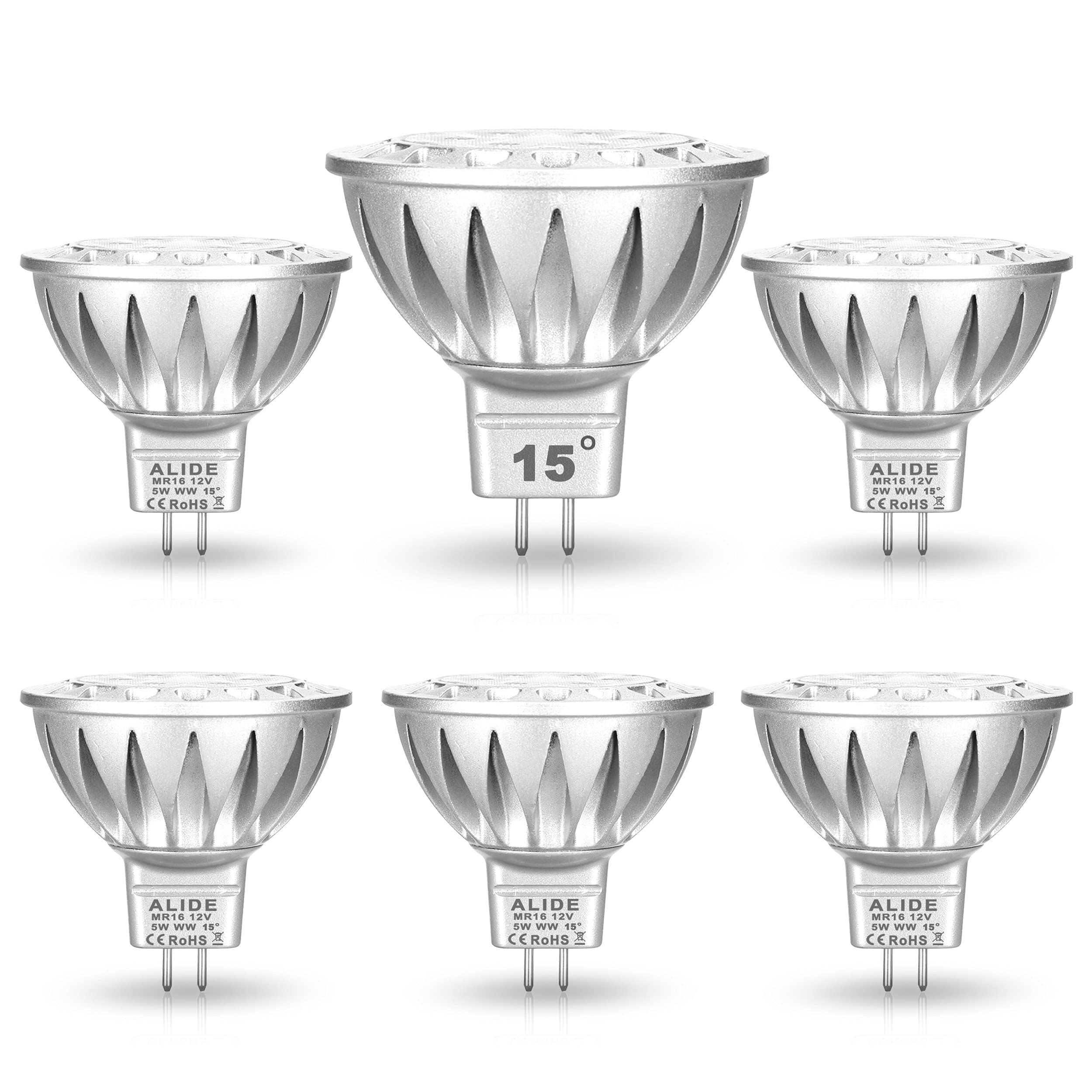 Alide Mr16 Led Bulbs 15 Degree 15 Narrow Beam Angle Gu5.3 20W 35W Halogen Equivalent 5W 450Lm 2700K Soft Warm White 12V Low Voltage Mr16 Led Bulbs For Landscape Ceiling Track Lighting 6Pack
