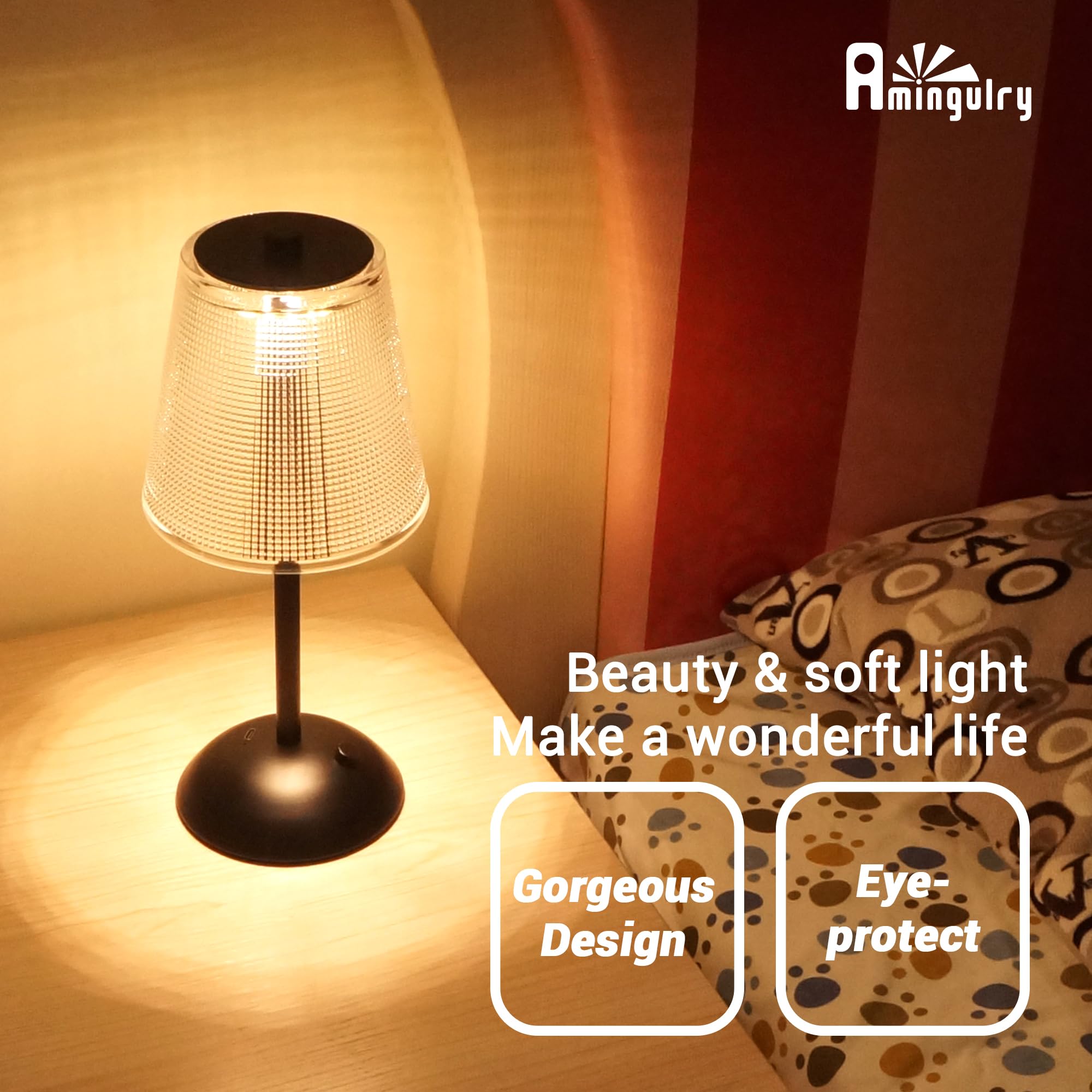 Amingulry Cordless Rechargeable Table Lamp, 3 Color Modes, Dimmable Led, Black Metal