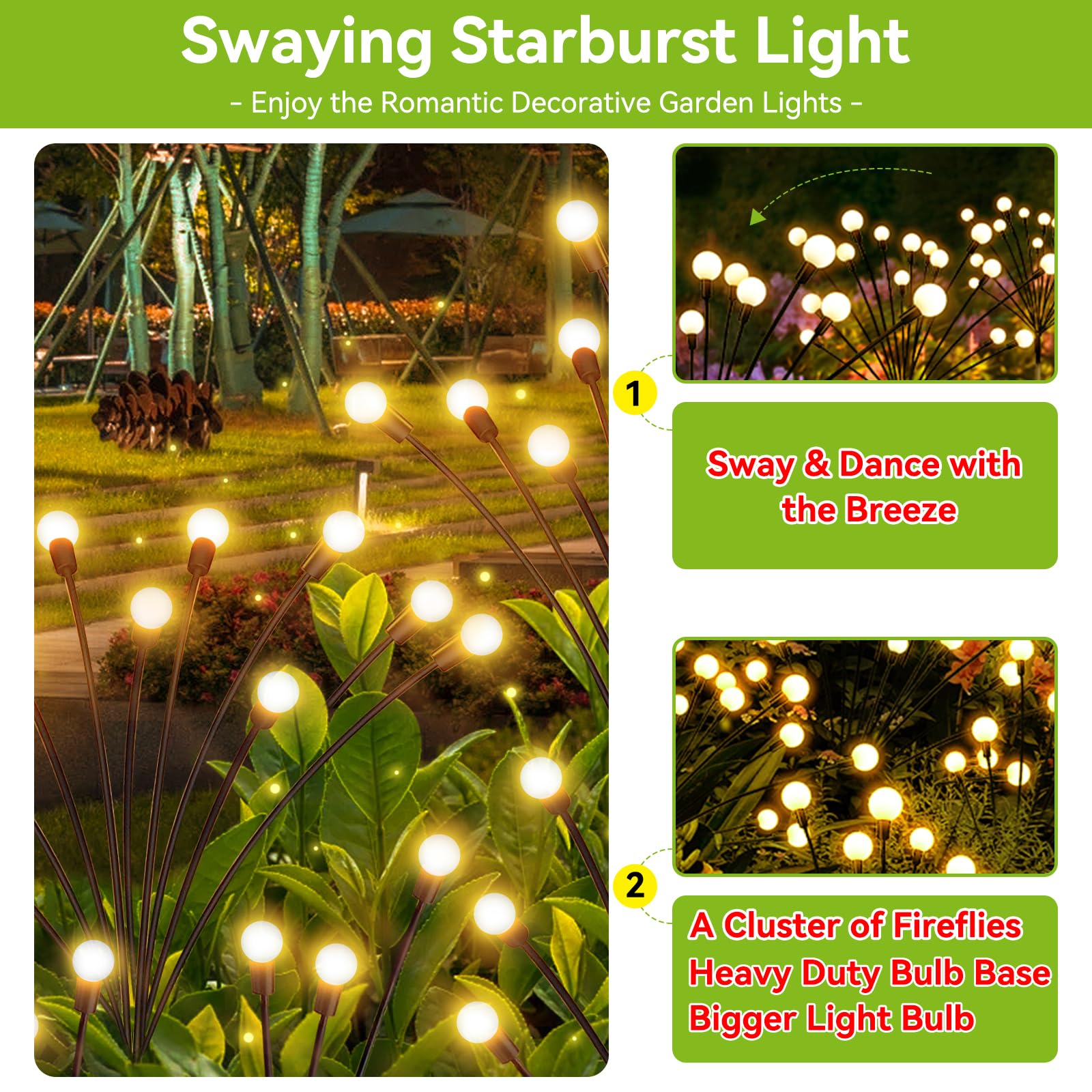 Solar Garden Lights Outdoor Waterproof, 2 Pack 16 Led Decorative Solar Swaying Lights, Solar Firefly Lights Outdoor Garden Decor