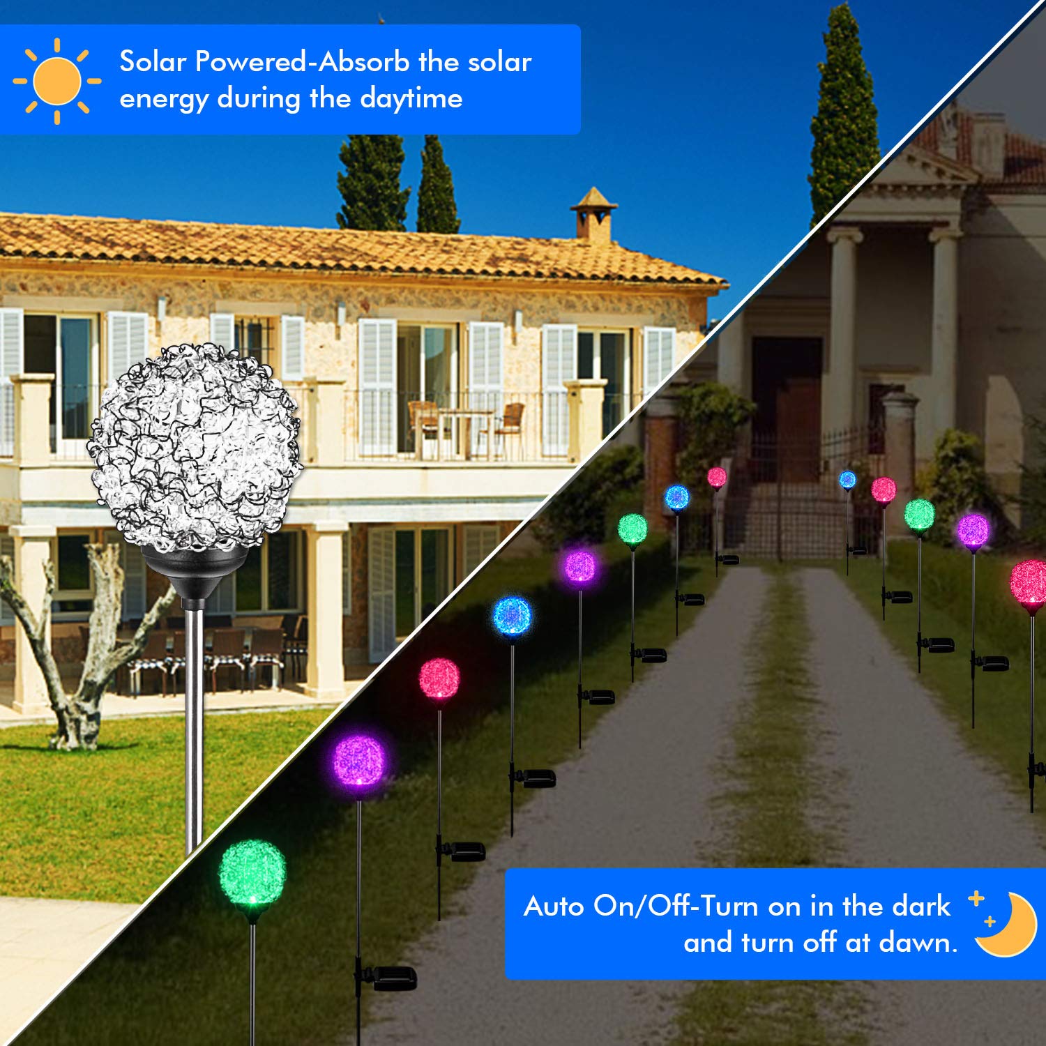 MMHF Solar Garden Lights - Upgraded Globe LED Stake Lights, Multi-Color, 2 Pack, Stainless Steel