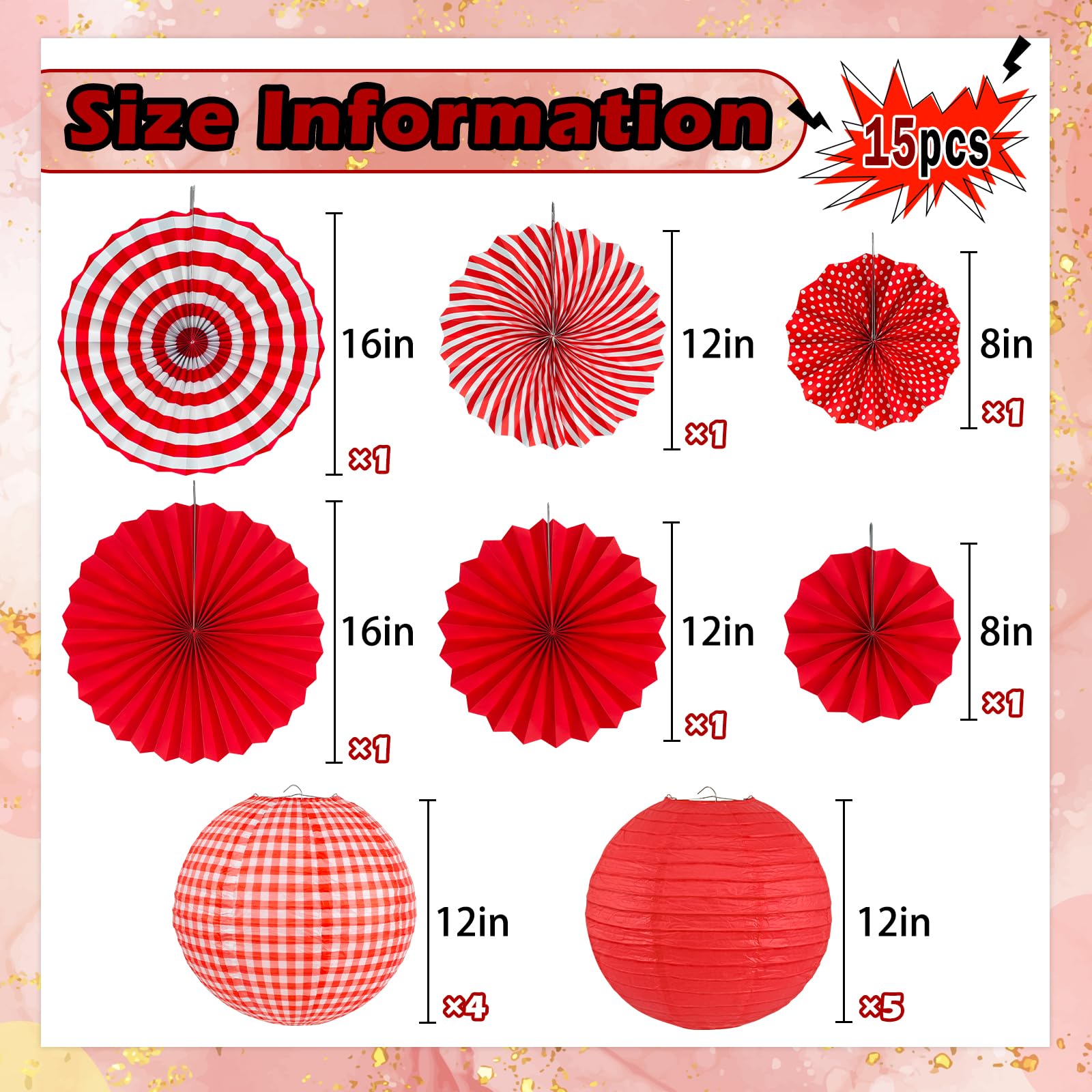 Peywot 15Pcs Red Party Decorations Supplies Set, Hanging Red Paper Lanterns Paper Fans For Home Decor Birthday Wedding Graduatio