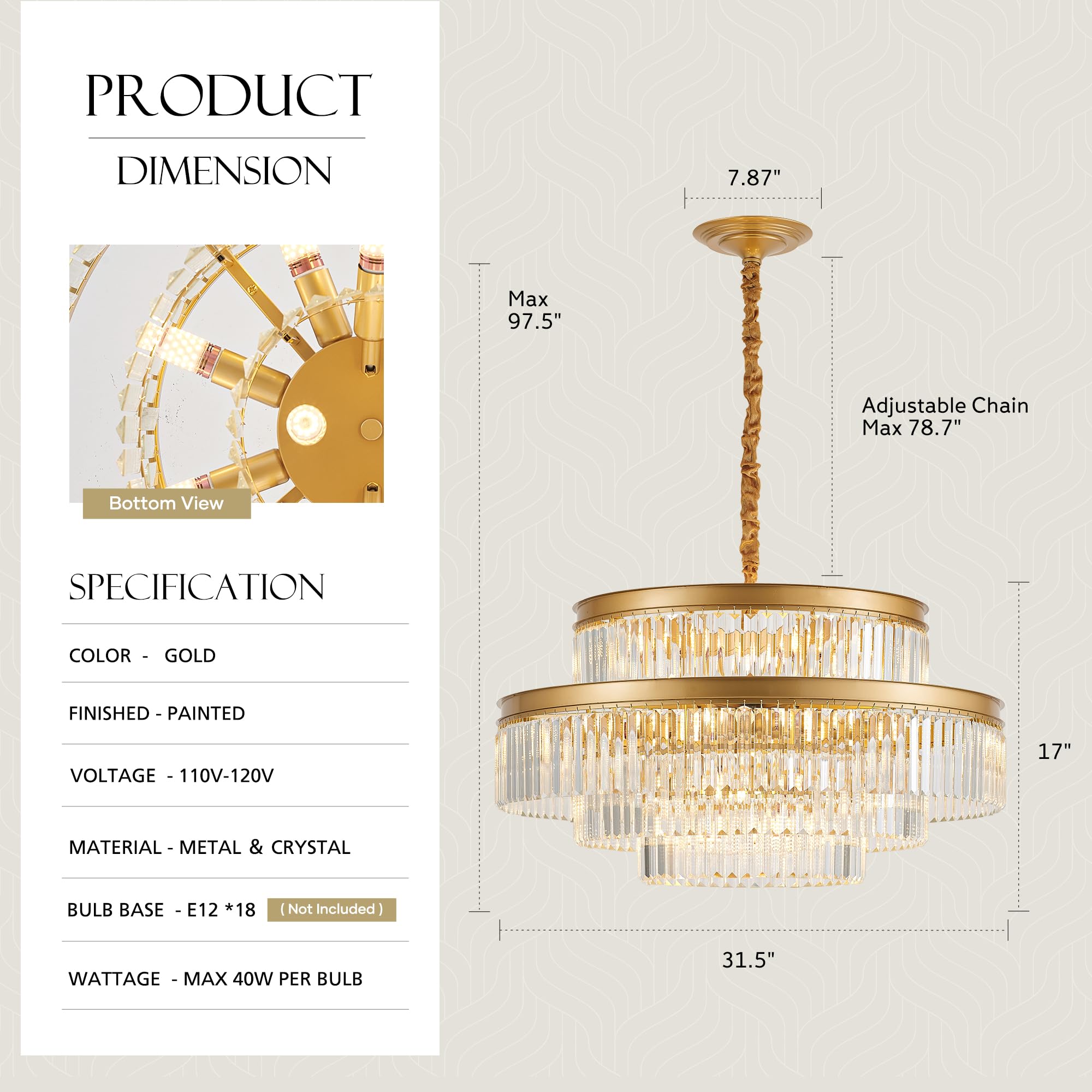Brfaixla 31.5 18-Light Modern Crystal Chandelier Light Fixture Large 4-Tier Gold stylish Glam Chandeliers For Dining Room Round Hanging Pendant Lighting For Living Room Kitchen Bedroom Foyer Lobby