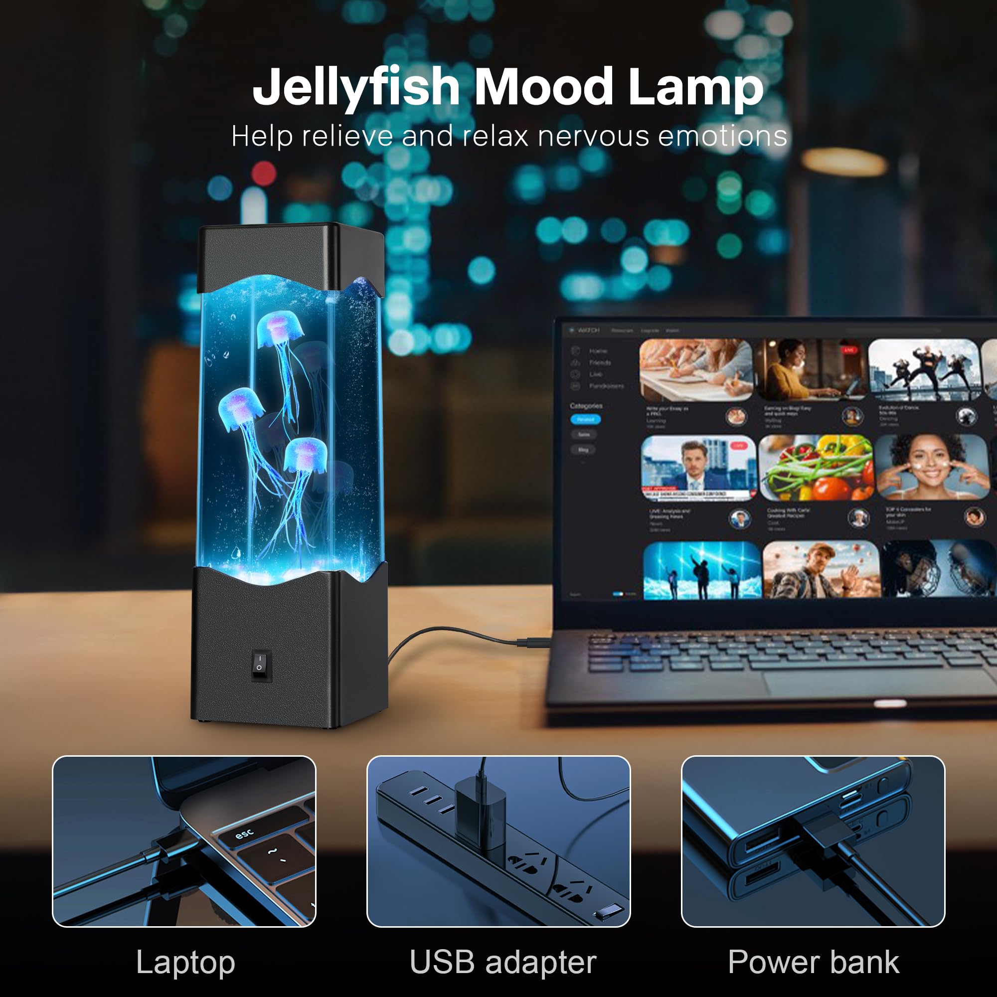 SENCU Multi-Color Jellyfish Lava Lamp, USB Powered Aquarium Night Light, 9.2x2.8 inches, Black, Model SE-03