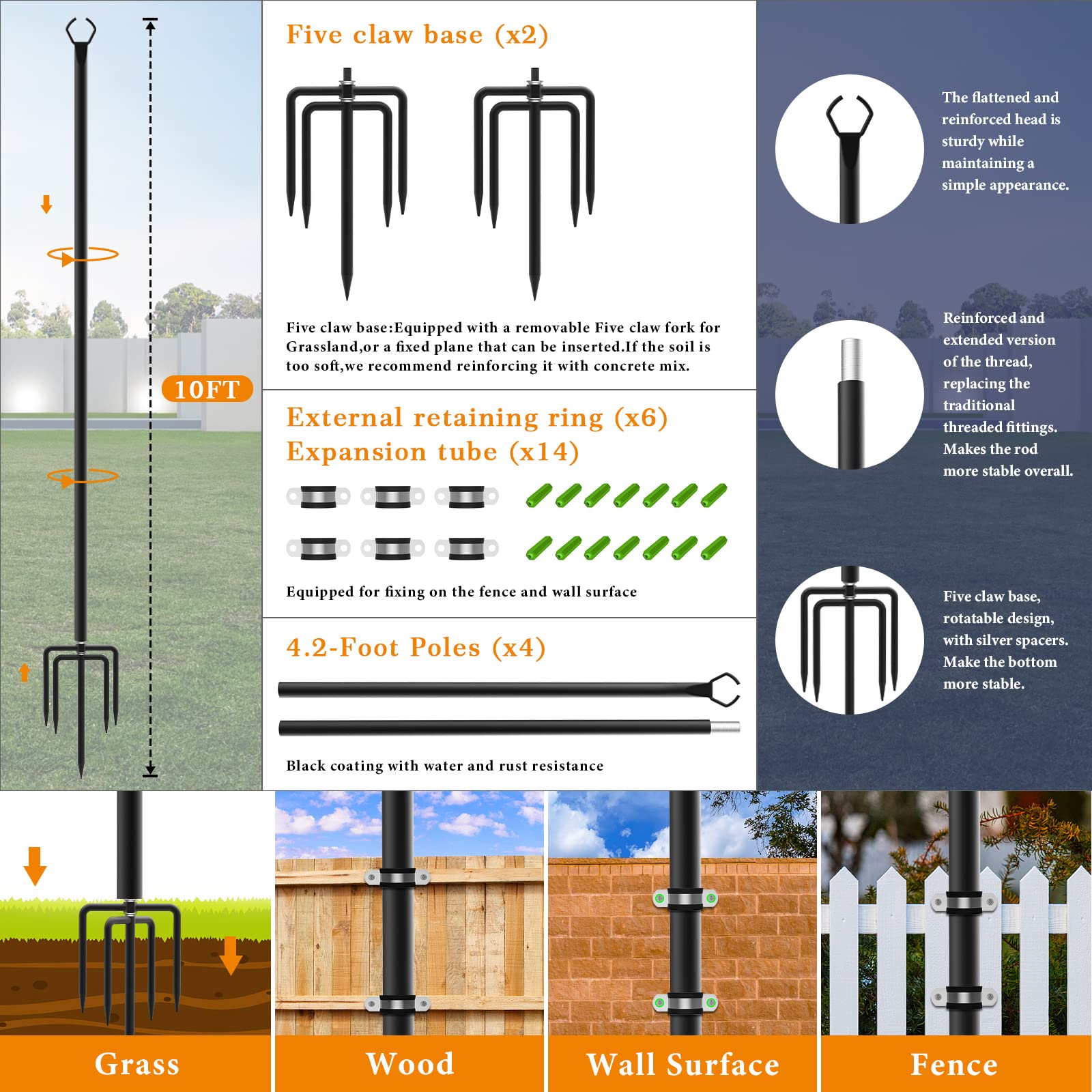 Mutovlin 10 Ft Metal String Light Poles, 2 Pack With Fork For Outdoor Patio And Backyard