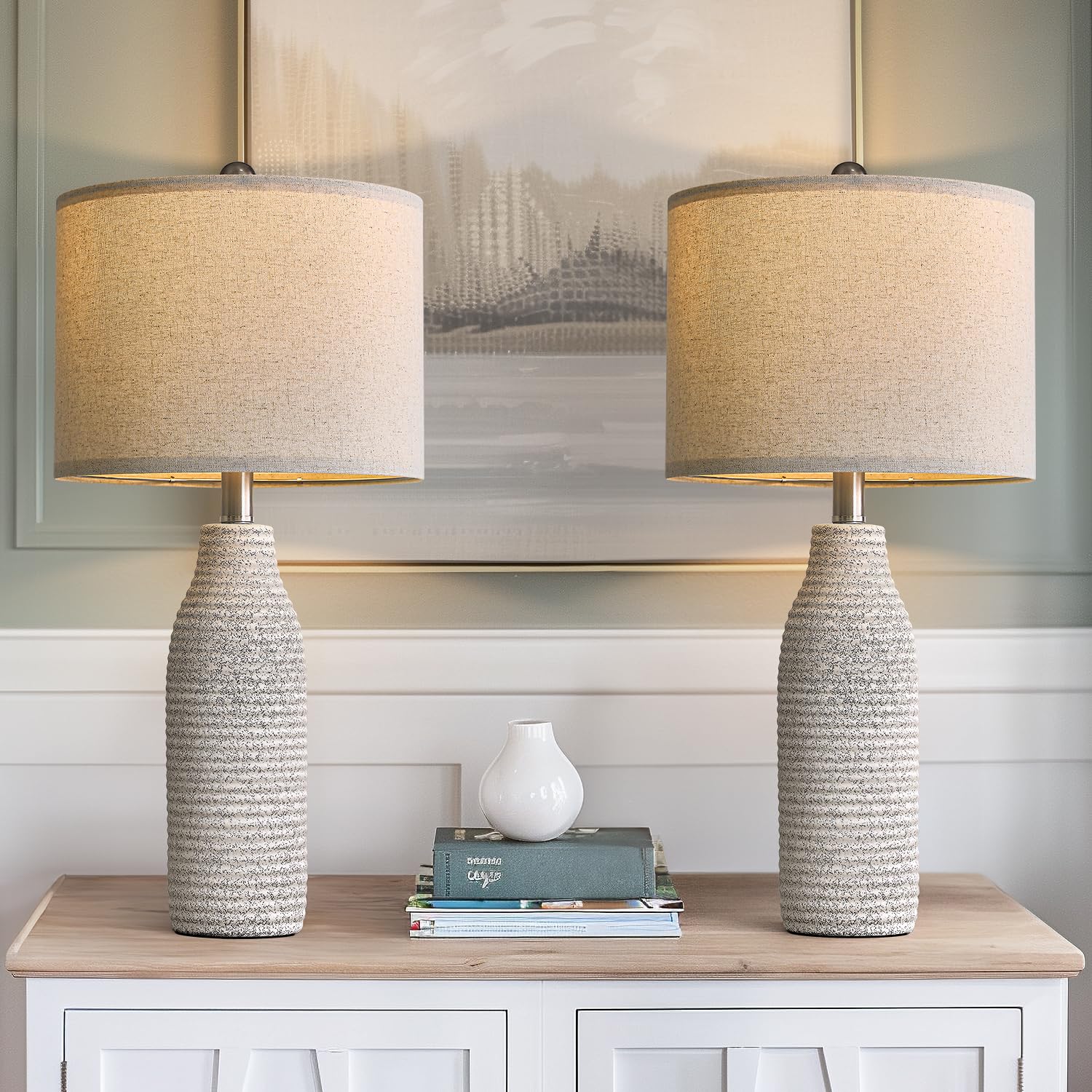 Usumkky 25'' Ceramic Table Lamps For Living Room, Modern Design Bedside Lamps Set Of 2, Nightstand Lamps For Bedroom With Rotary