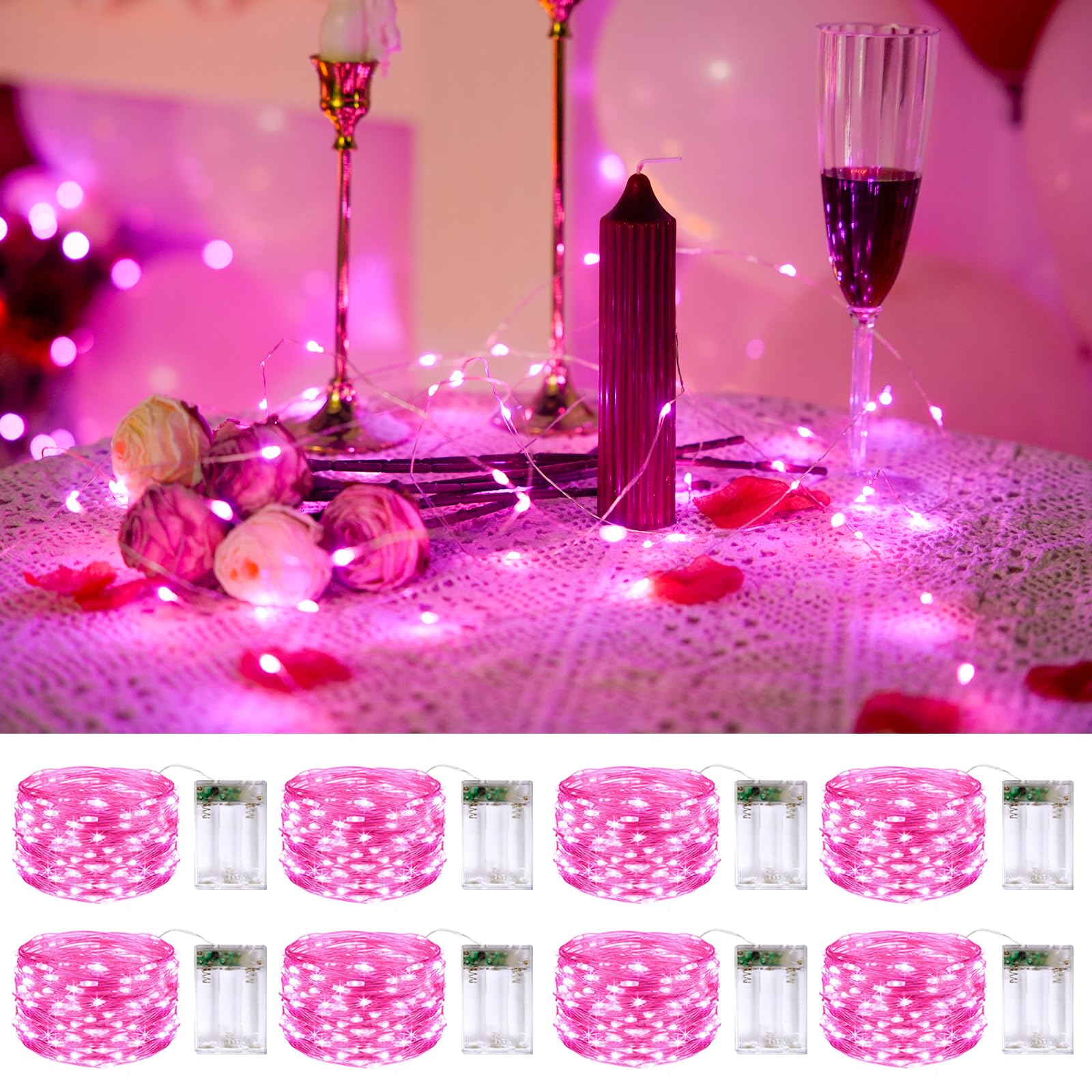 JMEXSUSS 8 Pack 50 LED Christmas Fairy Lights Battery Operated String Lights, 16ft Pink Twinkle Fairy Lights Indoor Outdoor Waterproof for Mason Jars Bedroom Party Wedding Christmas Decorations