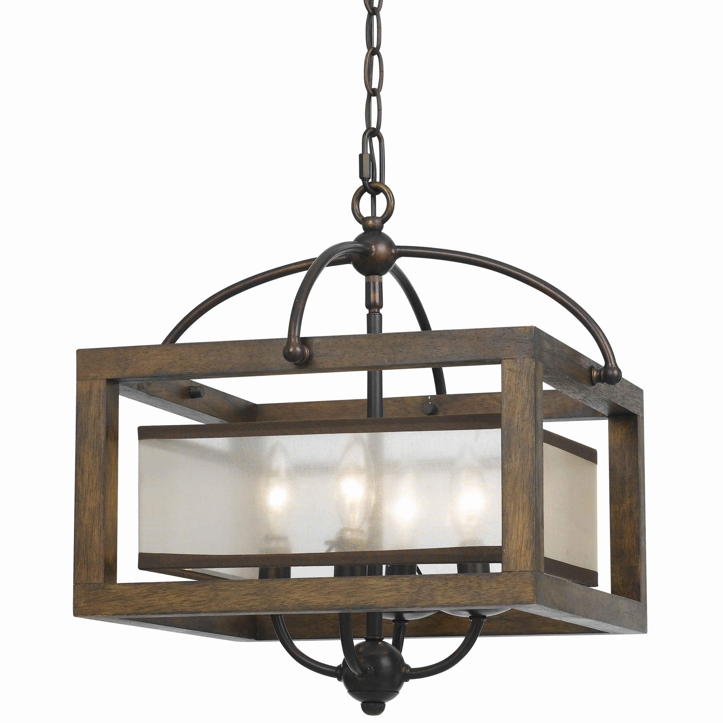 Benjara 4 Bulb Semi Flush Pendant With Wooden Frame And Organza Striped Shade,Brown