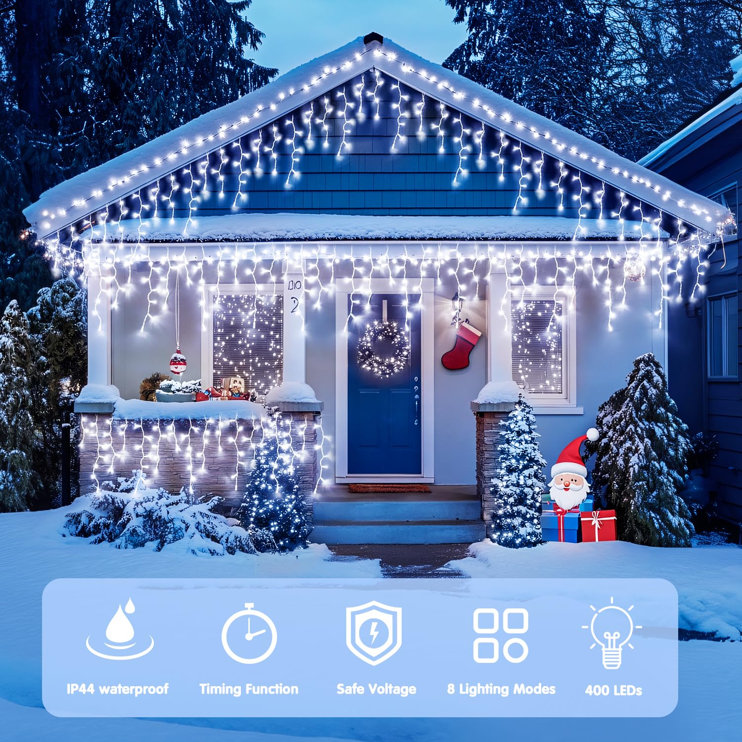 JMEXSUSS Icicle Lights - 400 LED White 38.8ft Outdoor Christmas Decor, Connectable for Patio & Holiday Weddings, Model EXS-I-0400