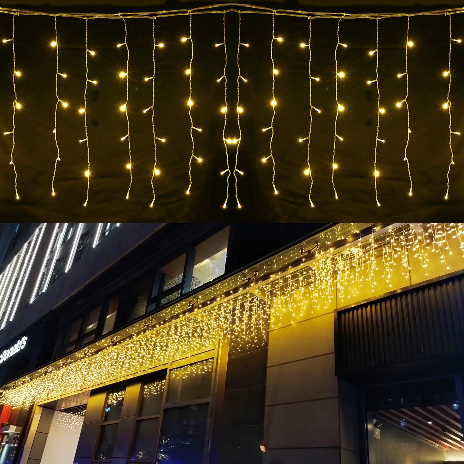 Zimingu 13Ft 144 Leds Warm White Icicle String Lights, 8 Modes For Indoor/Outdoor Decorations