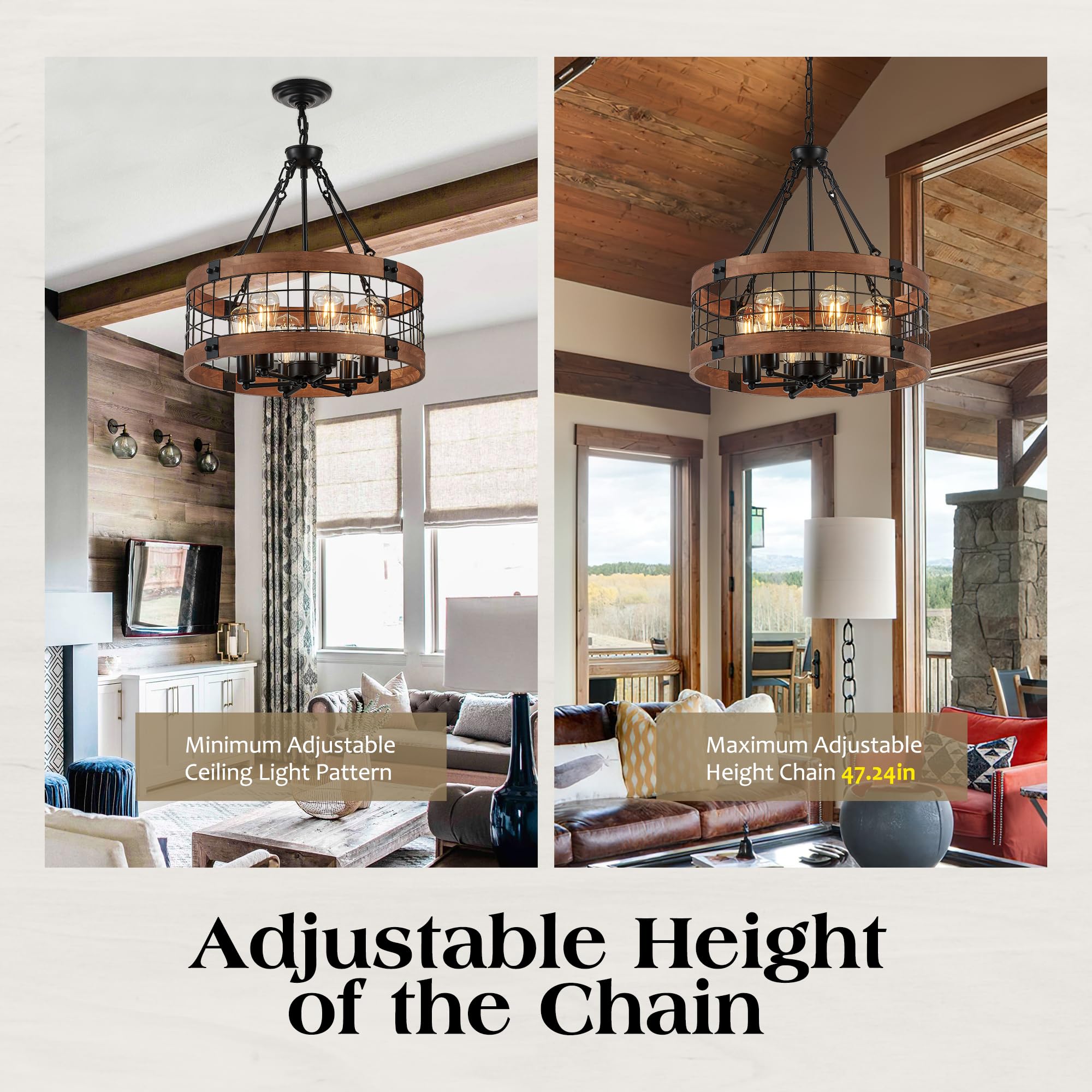 Faibra 6-Light Farmhouse Drum Pendant Light - Vintage Rustic Brown Oak, 20.55in, Ideal for Dining Room, Entryway, Bedroom