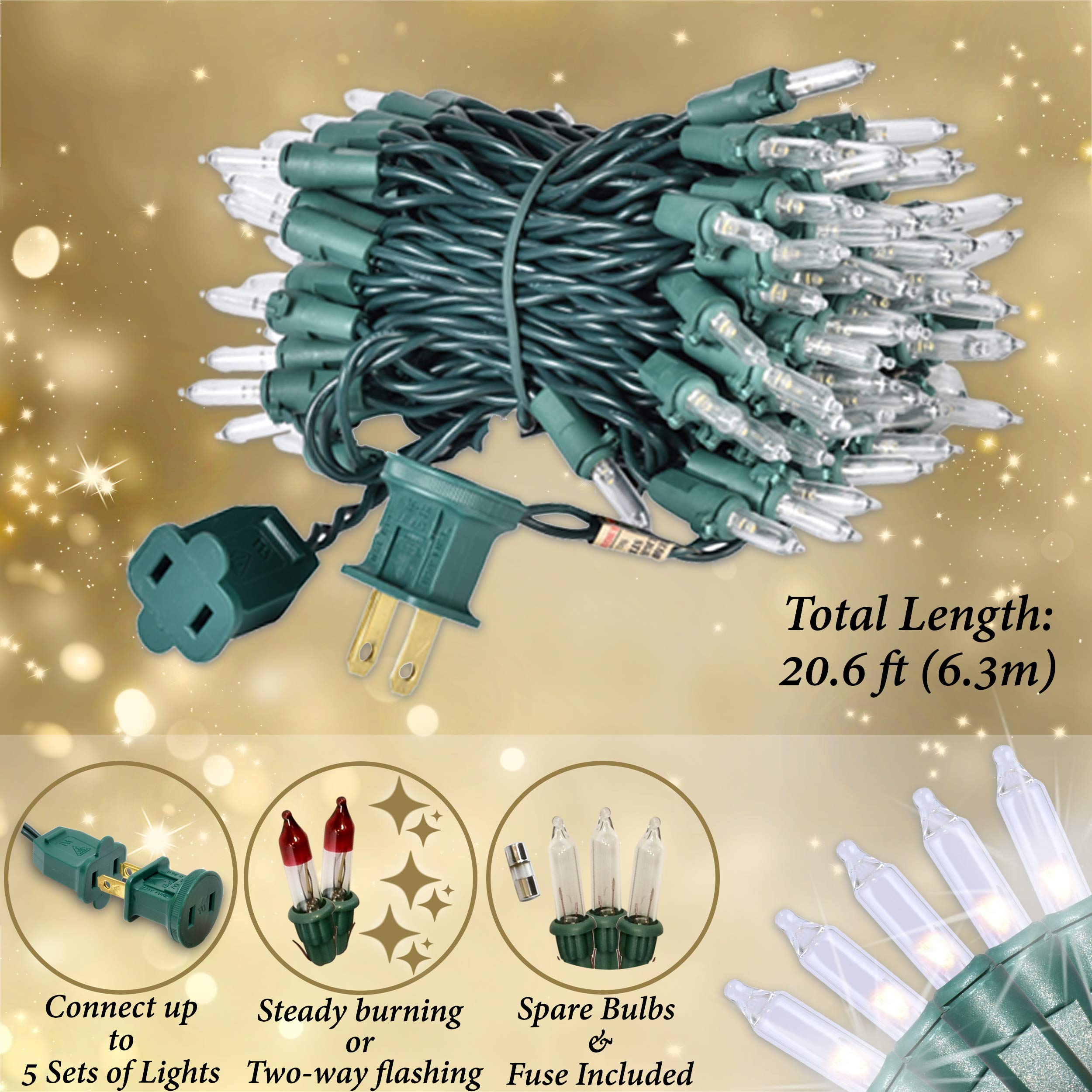 Holiday Essence 100 Count Mini Christmas Lights Set, Clear Incandescent, Green Wire, UL Certified, Indoor/Outdoor Holiday Decoration
