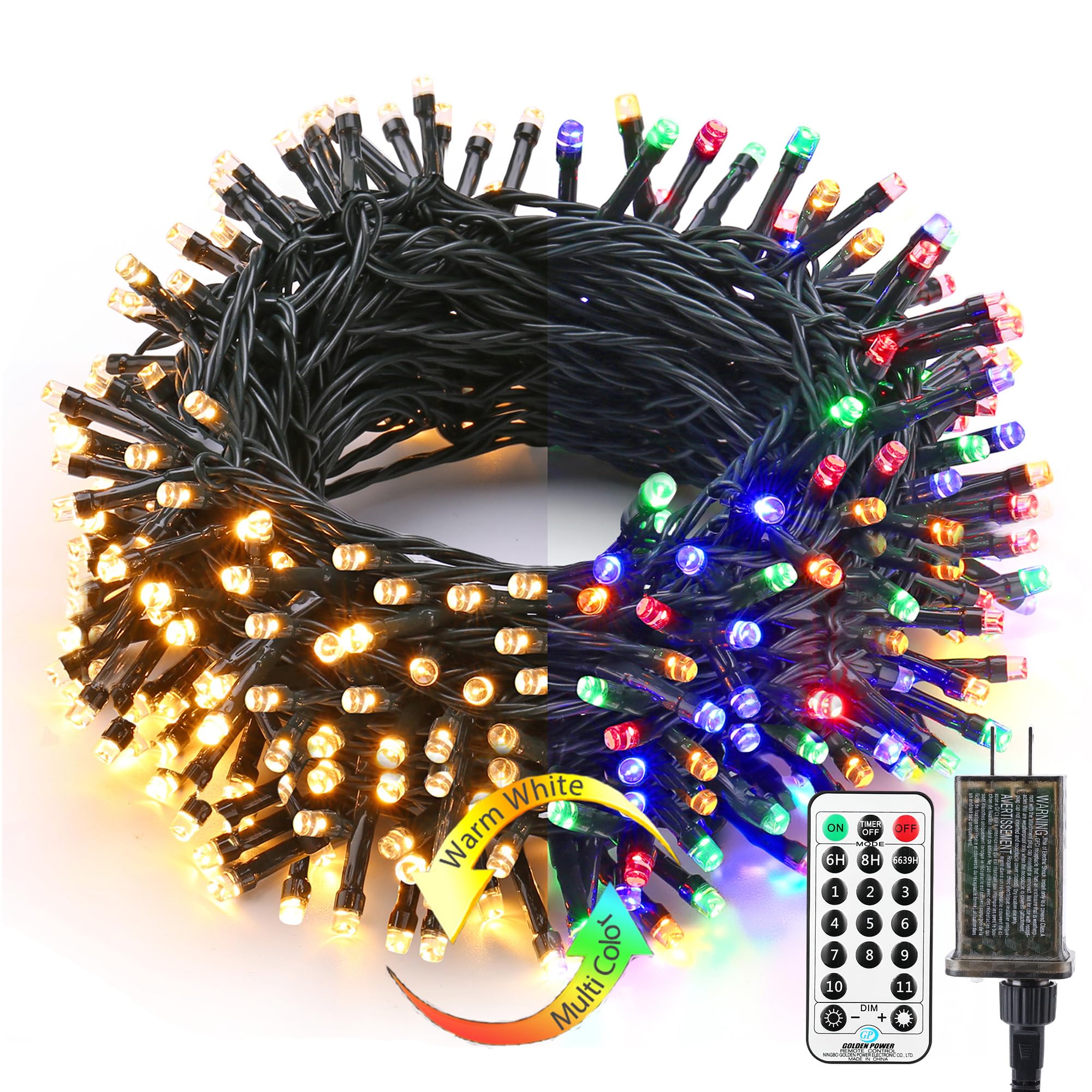 BrizLabs Color Changing Christmas Lights, 300 LED, 115ft, Warm White & Multicolor, 11 Modes, 24V Safe Adapter, Model GP-SW240DC0300-IP