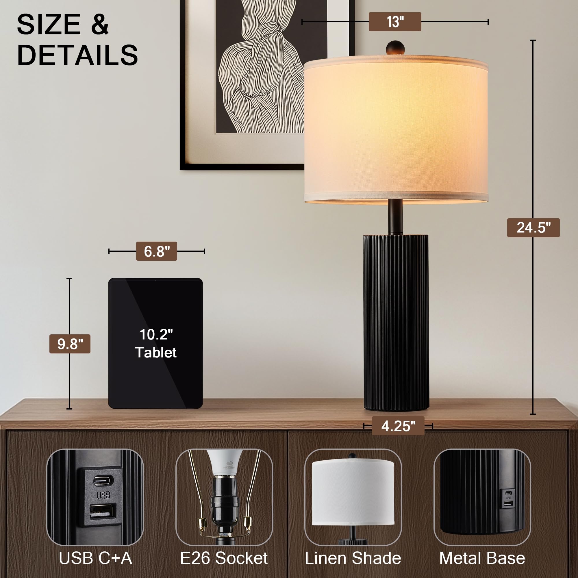 BZZMMB Touch Lamps Set of 2, 24.5" Black Modern Table Lamps with USB Ports, Model 2405-1TBK, Ideal for Living Room & Nightstand