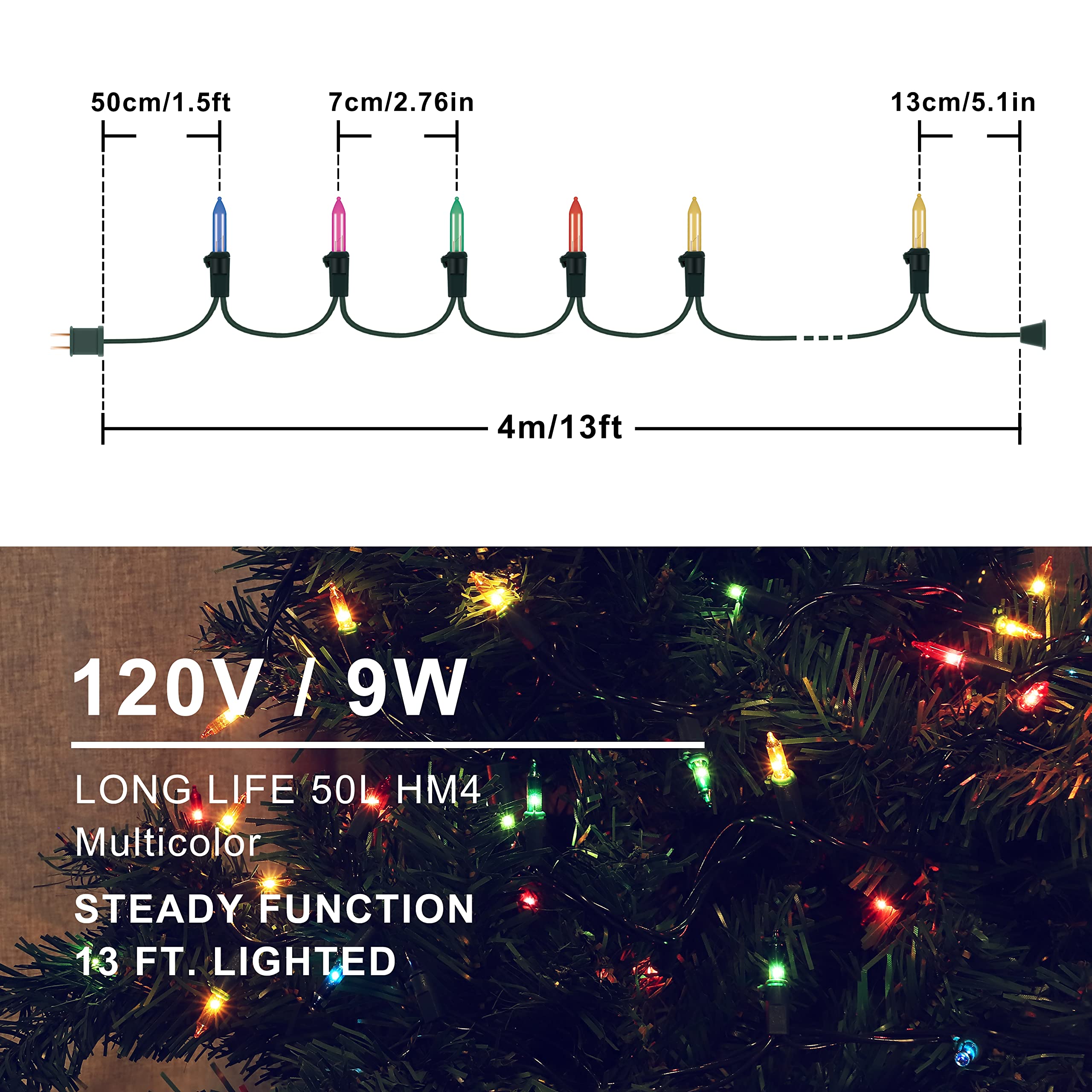 Hopolon 2 Pack 13Ft 50 Clear Mini Xmas String Lights Green Wire Cord For Indoor/Outdoor Use, 120V End-To-End Connectable Decoration For Christmas,Tree,Wedding, Bedroom, Porch Decor(Multicolor)