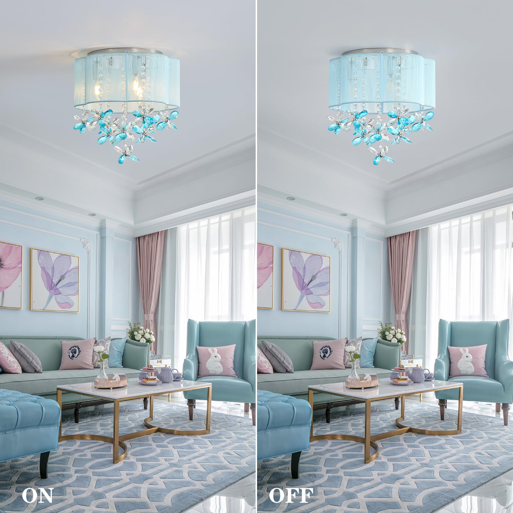 3 Light Bedroom Chandelier Ceiling Light Costal 13'' Small Crystal Chandelier Flush Mount Beach Vibe Light With Handmade Flower