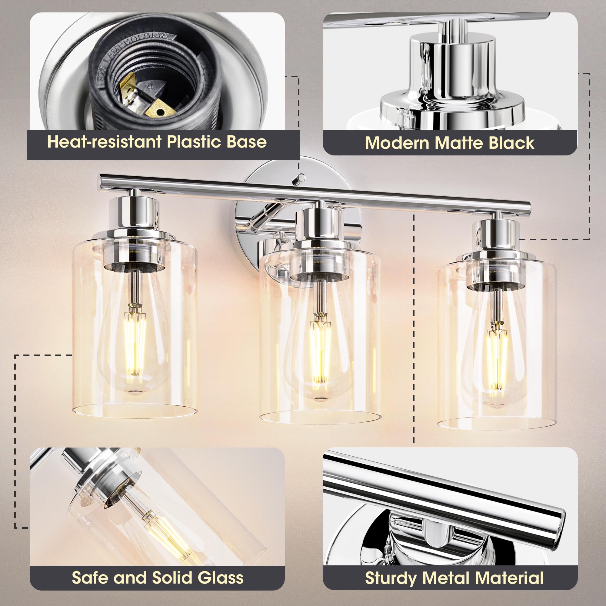 Weyderk Chrome Bathroom Vanity Light - 3 Light Bathroom Light Fixture With Clear Glass Shades, Ul Certification & E26 Base, Chrome Bathroom Vanity Lights Over Mirror For Bathroom