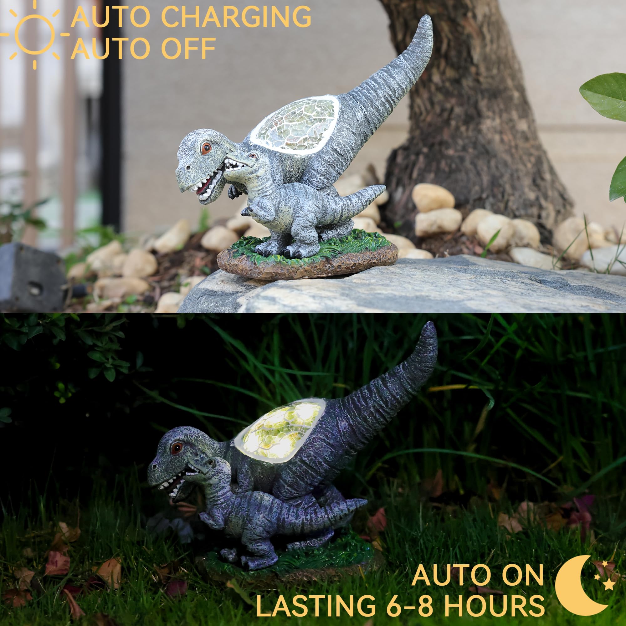 Rezpuao Garden Statue Dinosaur, Solar Light Outdoor Decor, Resin Figurine, Gray, Model CA81401