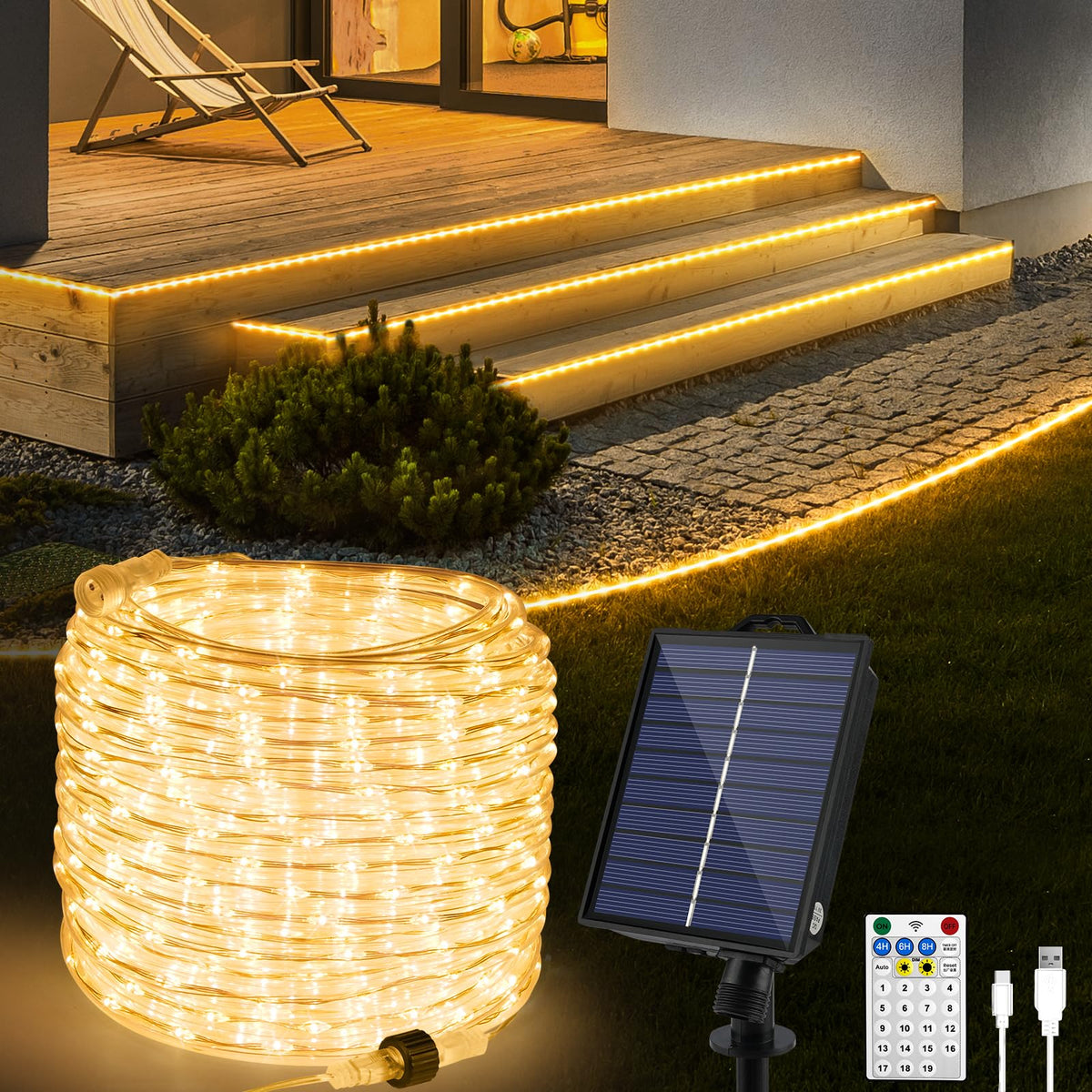 Omika 50Ft 600 Leds Solar Rope Lights, Usb Charging, 20 Lighting Modes, Dimmable Timer Remote Control, Ip68 Waterproof For Outdo