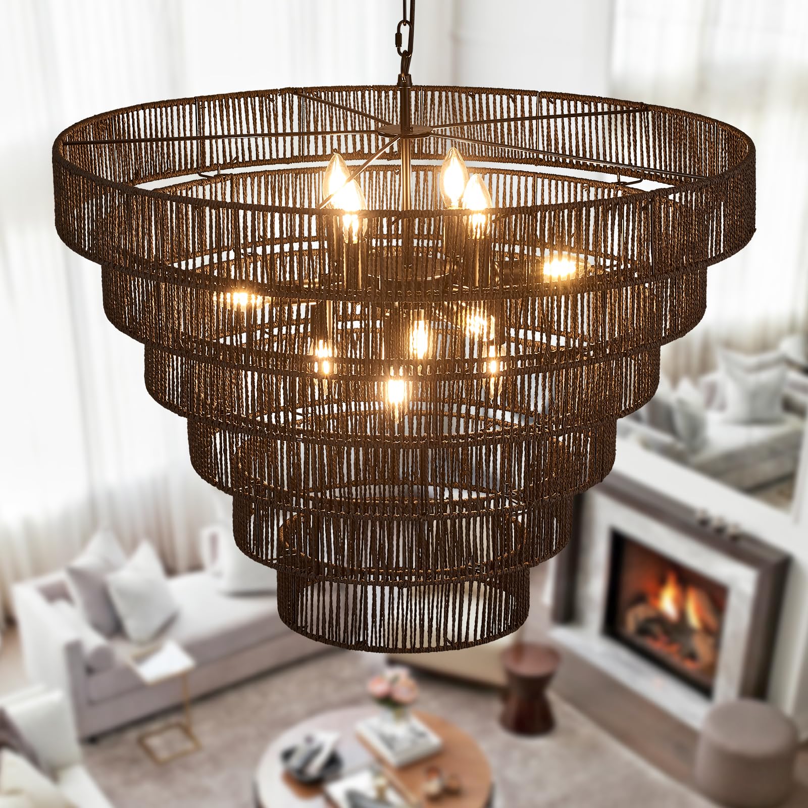 Yomecoo 31.49'' Large Black Rattan Vintage Farmhouse 12-Light Boho Hand-Woven Bamboo Black Chandeliers Light Fixture Retro Drum 