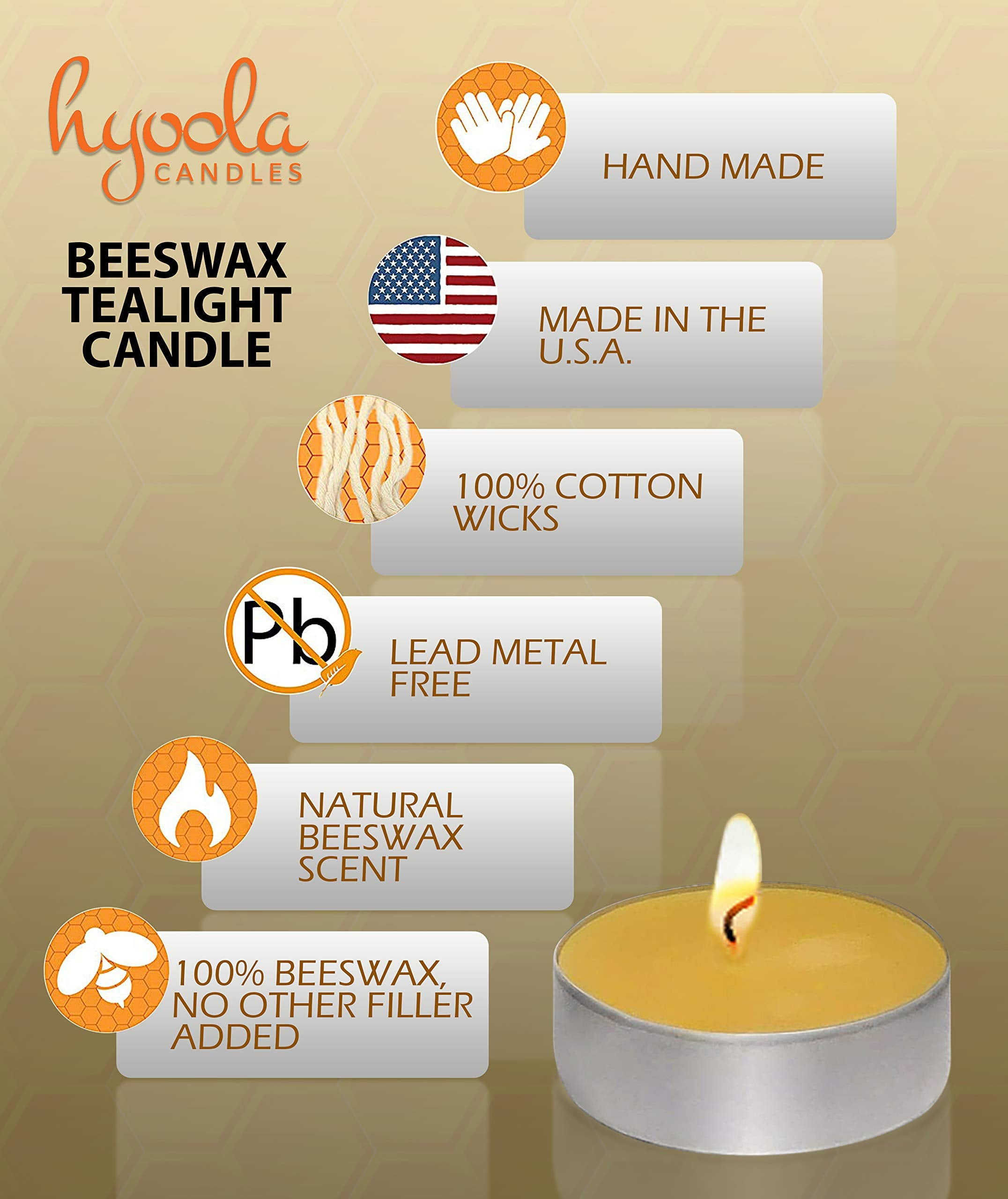 Hyoola Beeswax Tealight Candles In Aluminum Cup - 24 Pack - 100% Pure Natural Beeswax Candles