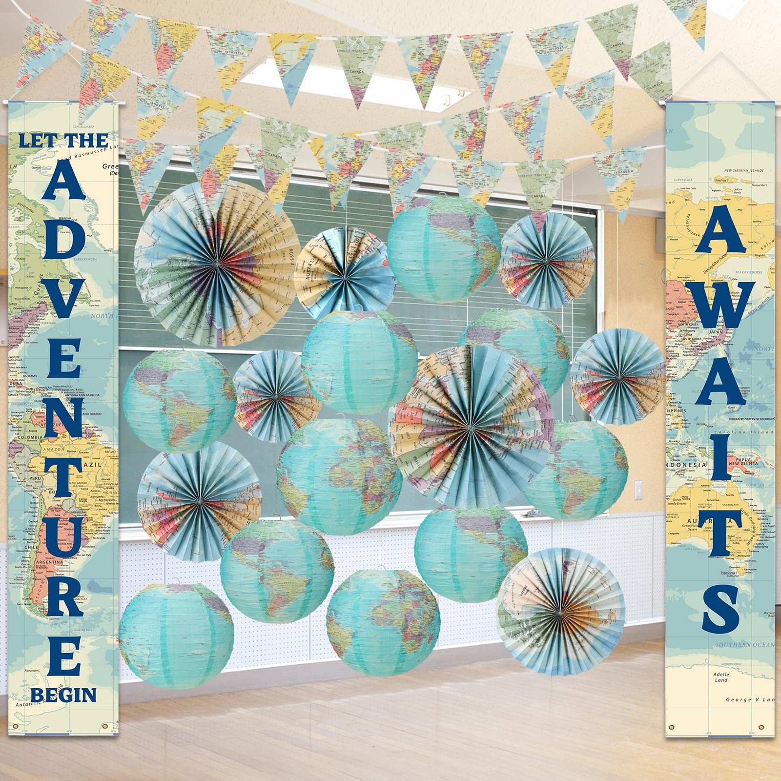 20 Pcs Globe Map Classroom Decorations Travel Party Decors Hanging Paper Lantern Fans Adventure Awaits Bulletin Board Around The