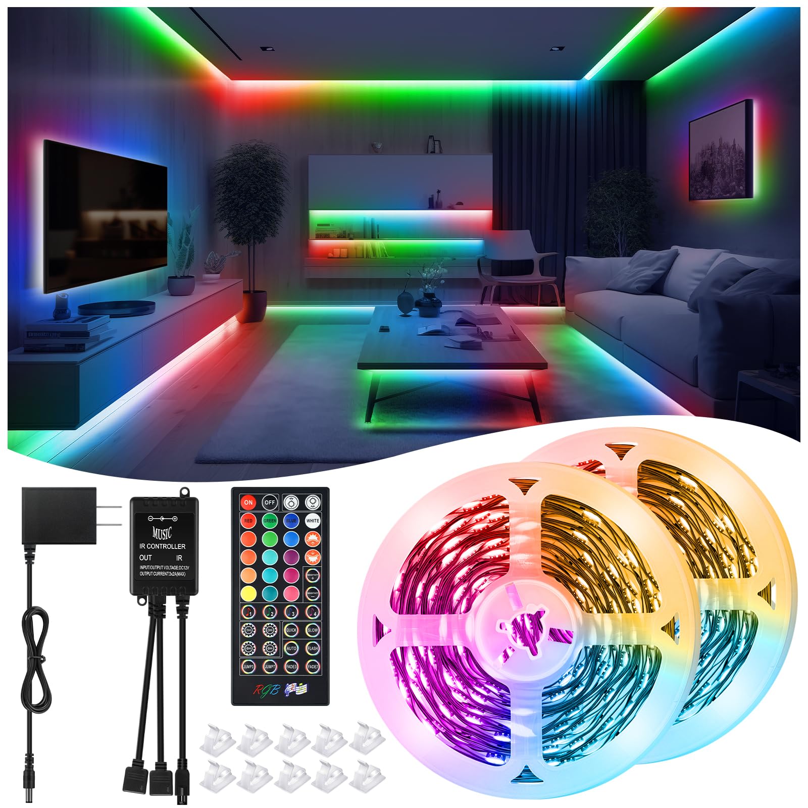 LED Strip Lights 65.6Ft(2 Rolls of 32.8ft), Dimmable 5050 RGB Color Changing Lights Strip with 40 Key IR Remote Controllers, Sel
