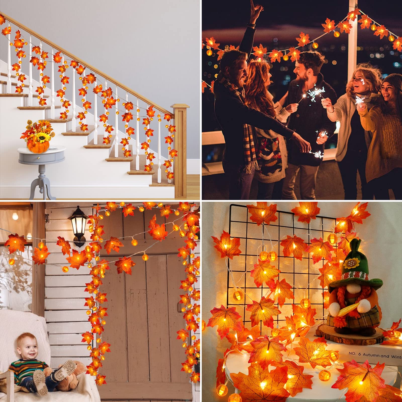[ Timer & 3 Pack & 3D Pumpkin ] 30Ft Fall Garland Thanksgiving Decorations 60 LED Leaf Lights Patented Realistic Maple Leaf Batt
