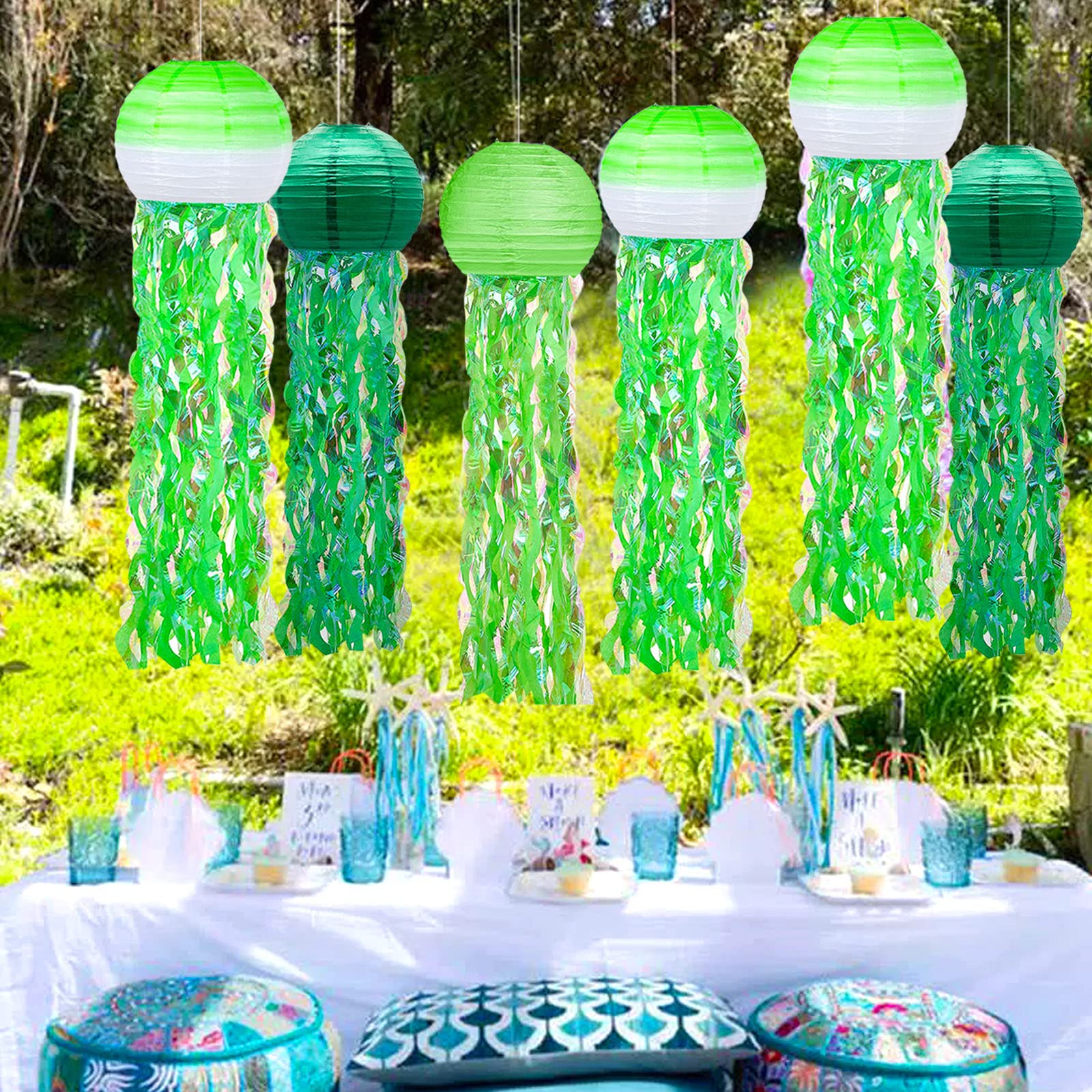 Meiduo 6 Packs Jellyfish Paper Lanterns Hanging Mermaid Wishes Lantern Gradient Green Mint Green Ocean Theme Party Supplies Grea