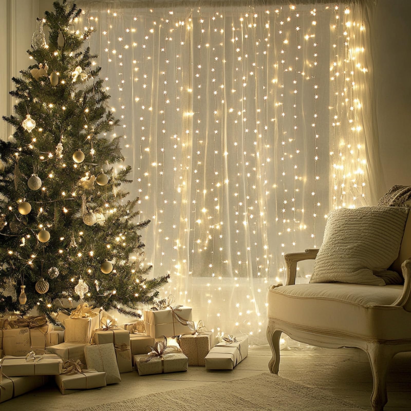 Patioman Fairy Curtain Lights, 200 LED, Warm White, 6.6 x 6.6 Ft, Tangle-Free, USB Plug-In, Model PMFL01