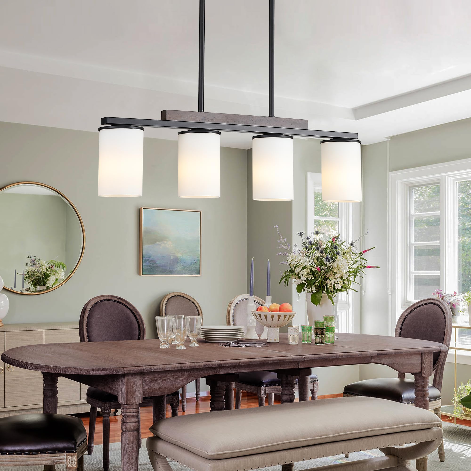 Mecgirn 4 Light Linear Chandelier - Black Pendant Light with Milk Glass Shade for Dining Room & Kitchen Island, Model D0016-4-M