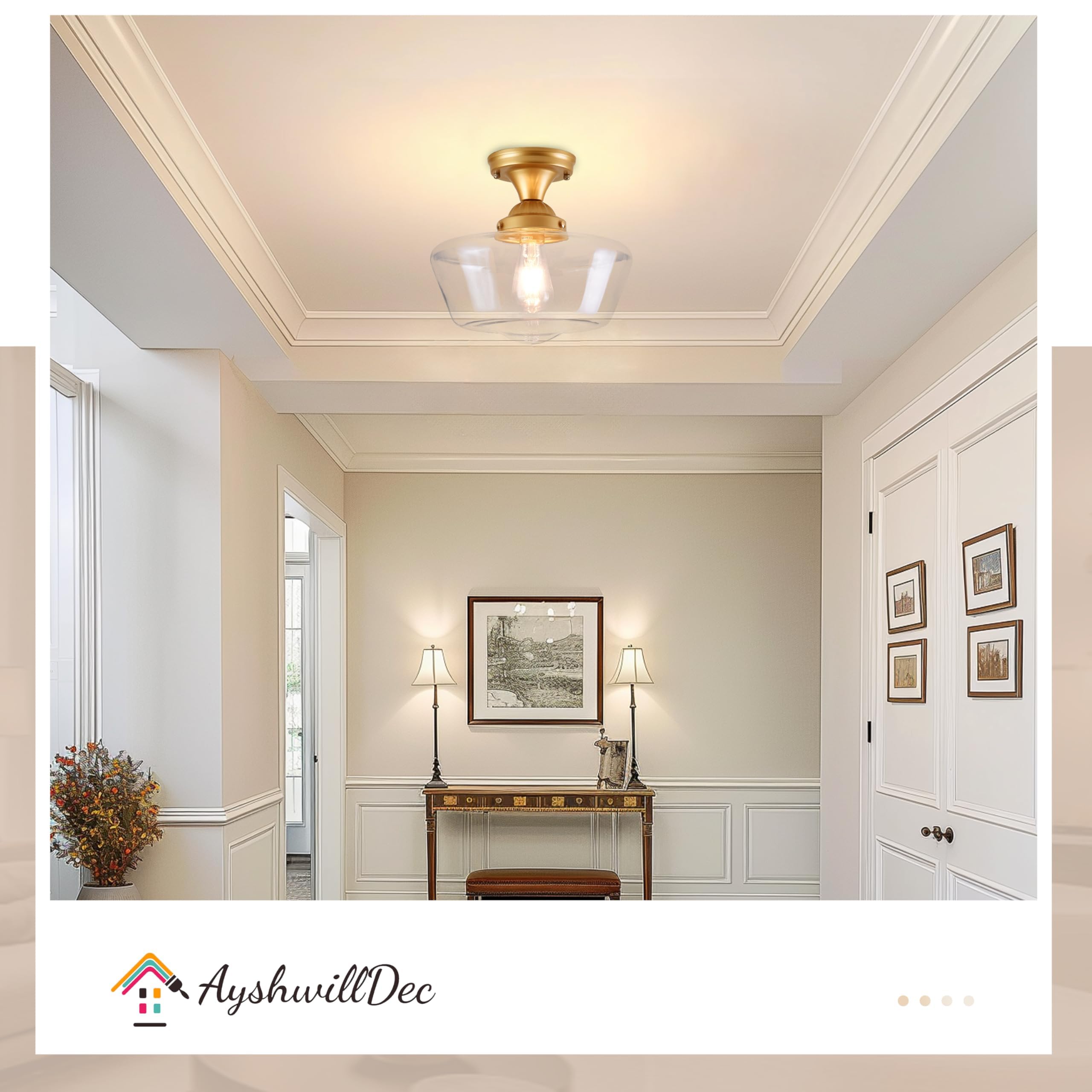 Ayshwilldec Brass Schoolhouse Light Fixture 12'' Mid Century Light Fixture Schoolhouse Light Fixtures Ceiling Clear Glass Semi F