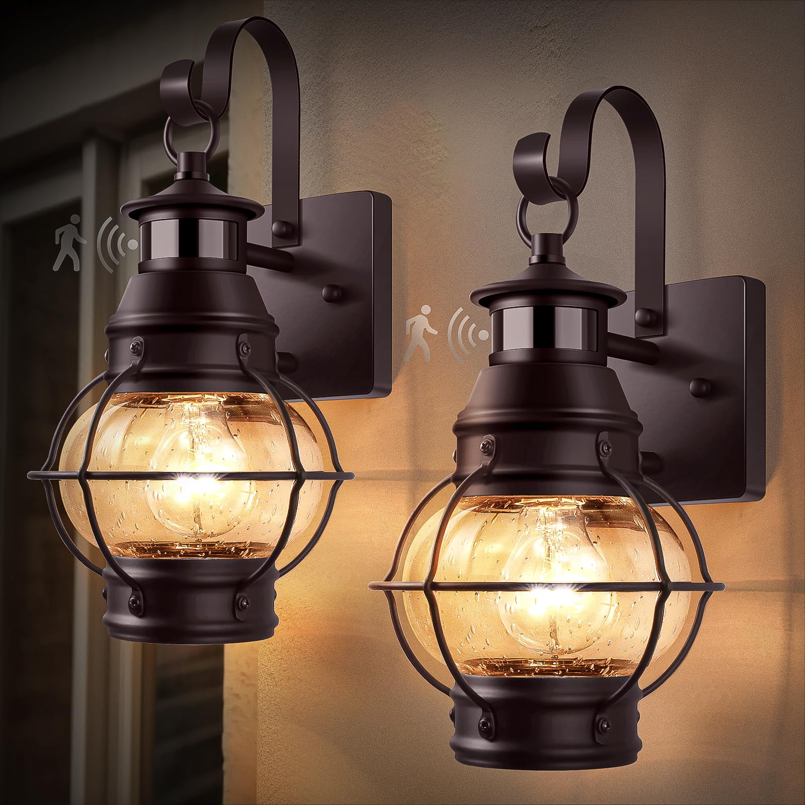 Lamomo Outdoor Motion Sensor Lights, 2 Packs, Waterproof Wall Mount Lanterns, Bronze, Model B06050PG-2PKUS