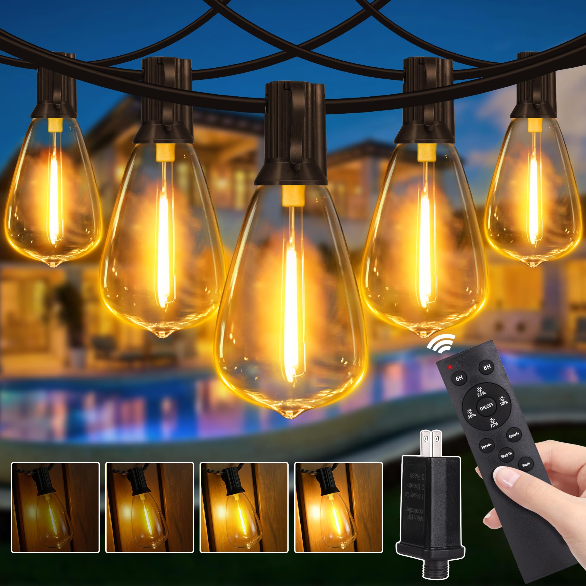 Outdoor String Lights Dimmable with Remote, 100 FT Outdoor Lights with 2 Timer and 3 Mode, Waterproof & Shatterproof Patio Light