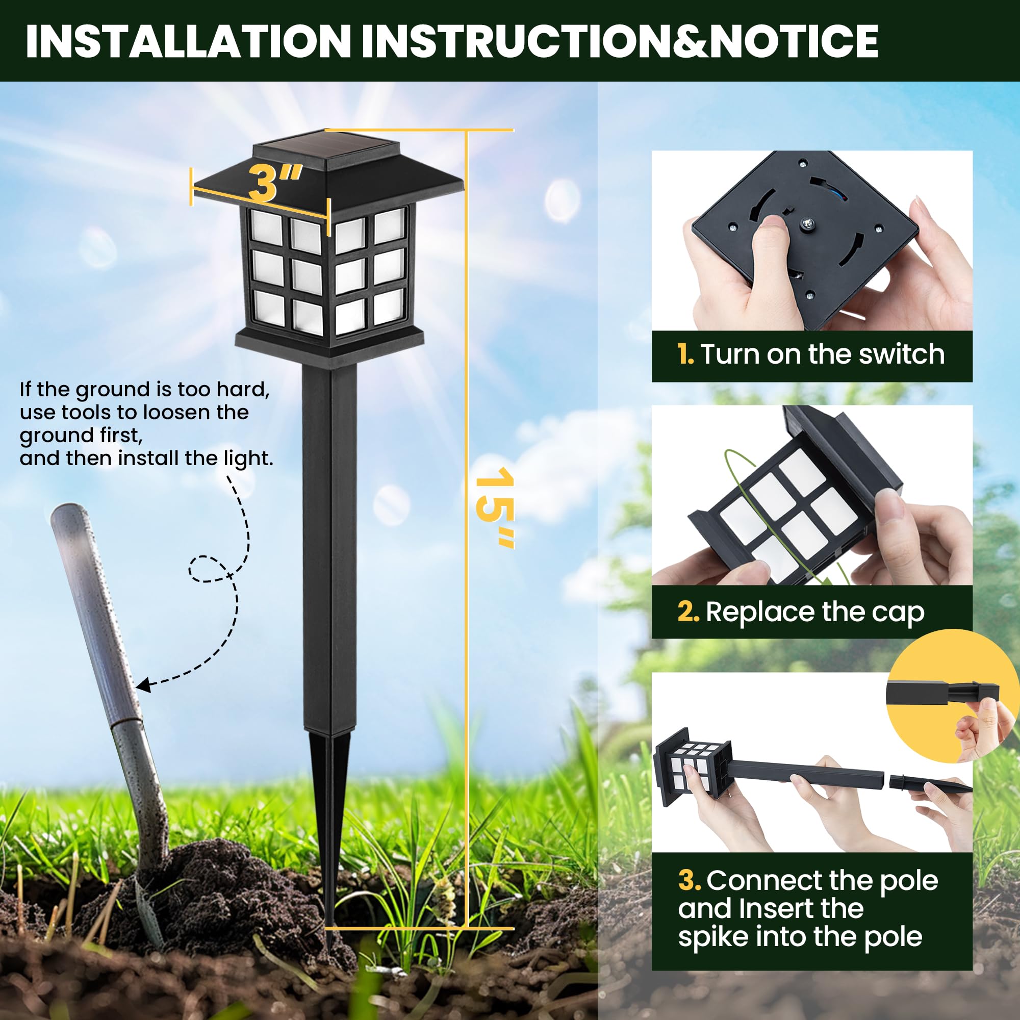 Gigalumi Solar Outdoor Lights - 8 Pack Led Waterproof Garden Path Lights, Black, 10 Hours Of Lighting, Model 8-Fxd