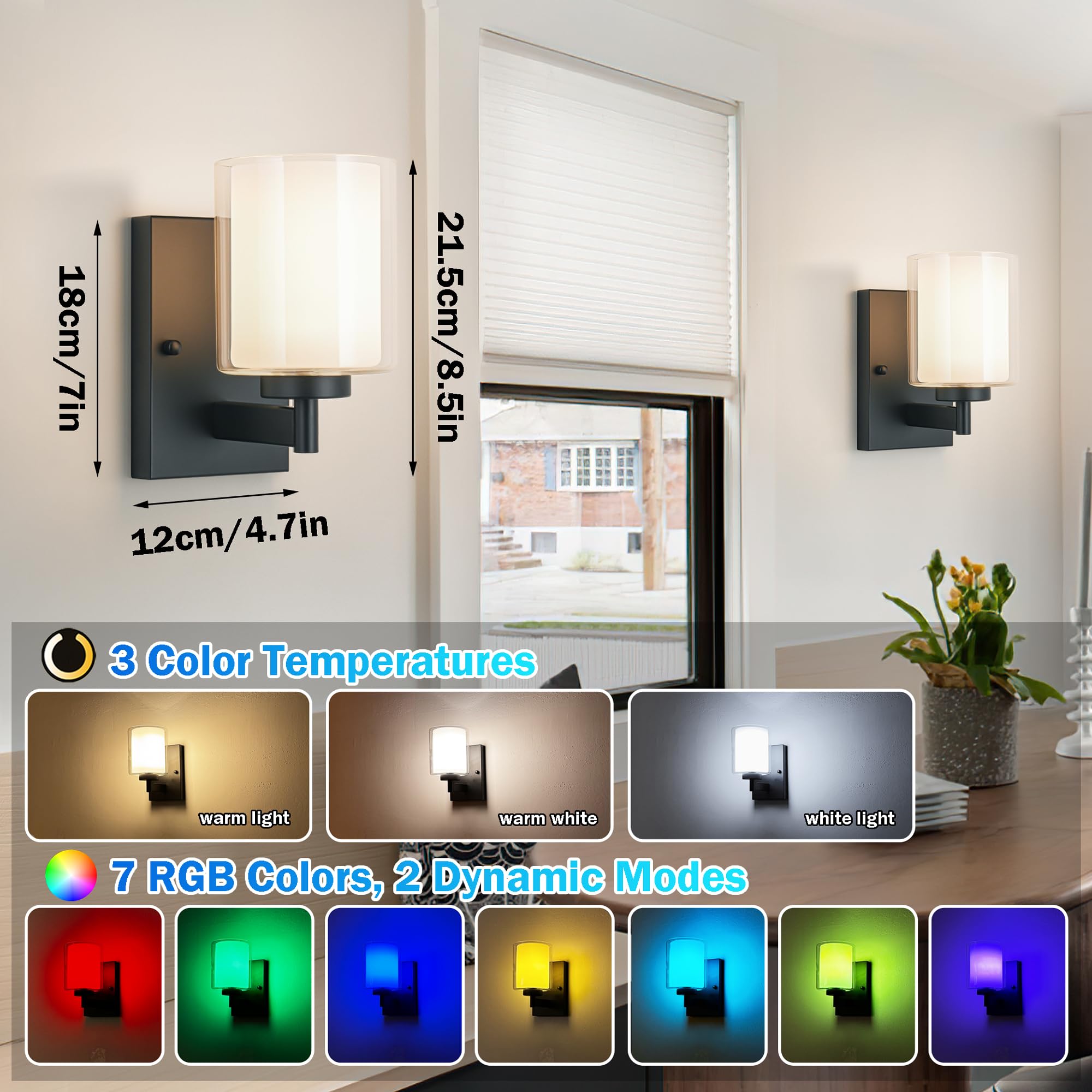 Battery Operated Wall Sconce Set Of 2, 10000Mah Wireless Rechargeable Wall Sconce With Remote Control, Rgb Dimmable Bathroom Lig